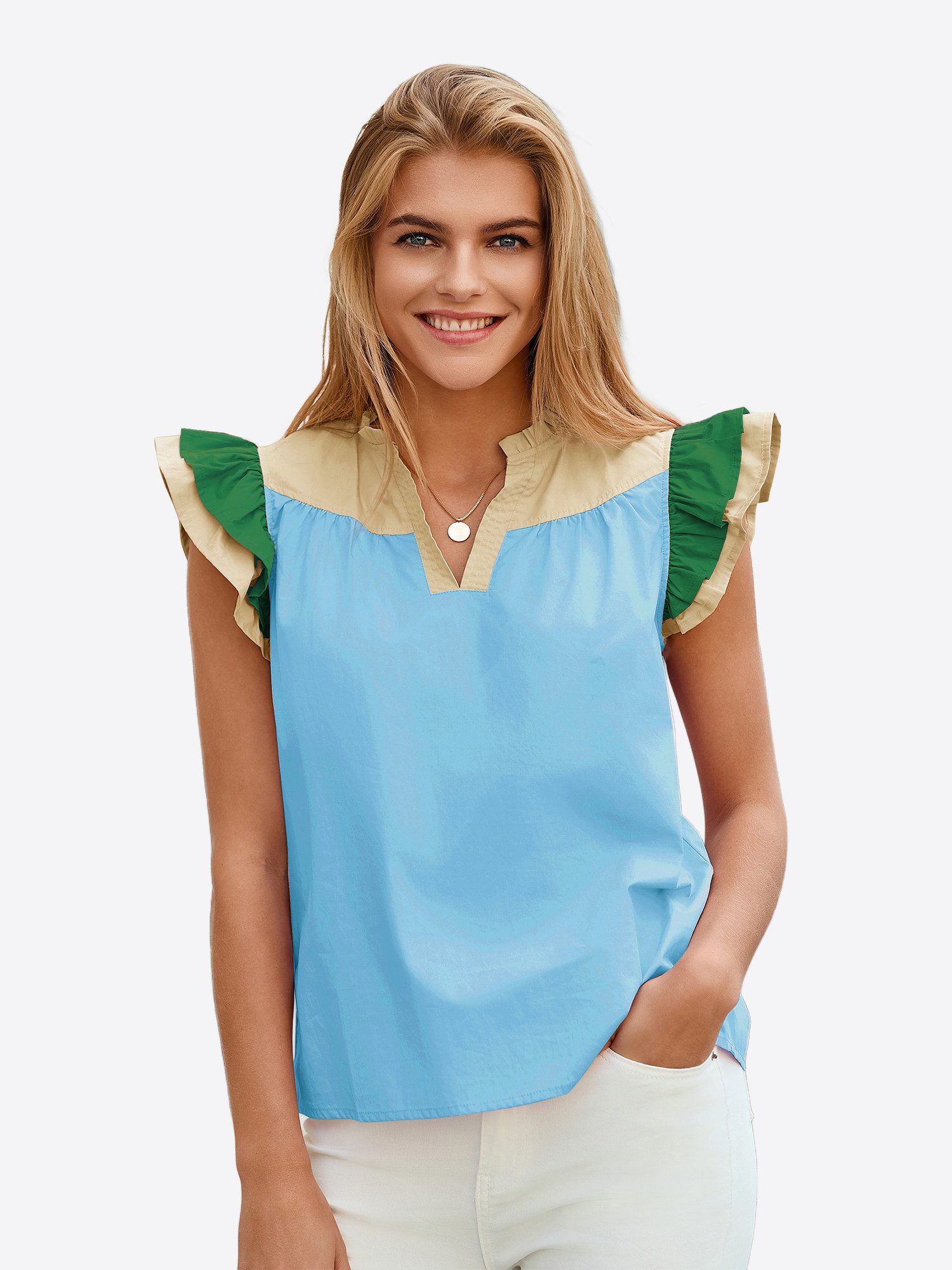 Imily Bela Blusenshirt Damen Kurzarm mit Colorblocking Rüschenärmeln und V-Ausschnitt (Packung, 1-tlg., 1per-Pack) aus Baumwolle