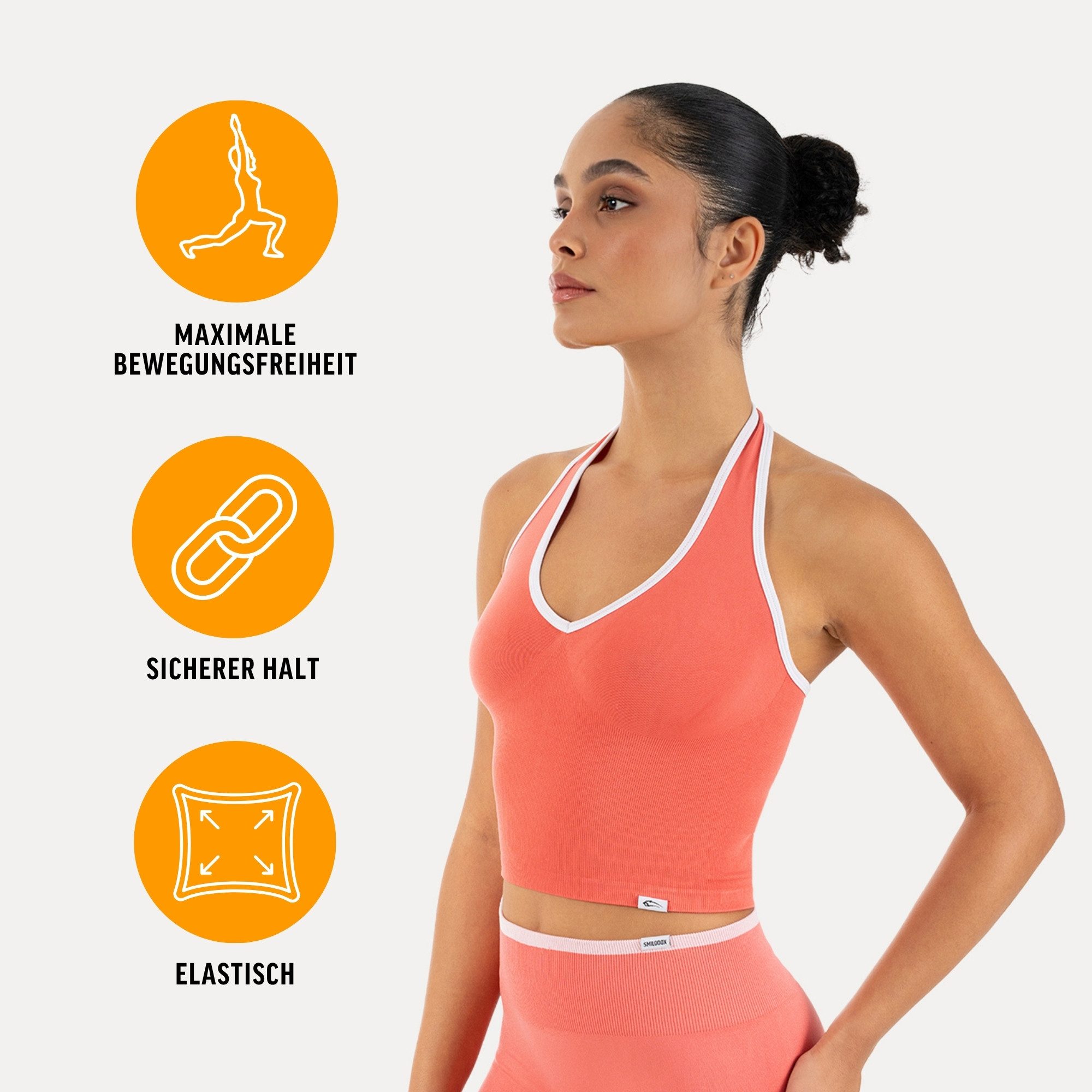 Smilodox Sport-BH Theda, Sport Top Damen Shaped Fit, Seamless, Gym & Freizeit Halterneck, V-Ausschnitt, Seamless, Stretch, Kontrastdetails
