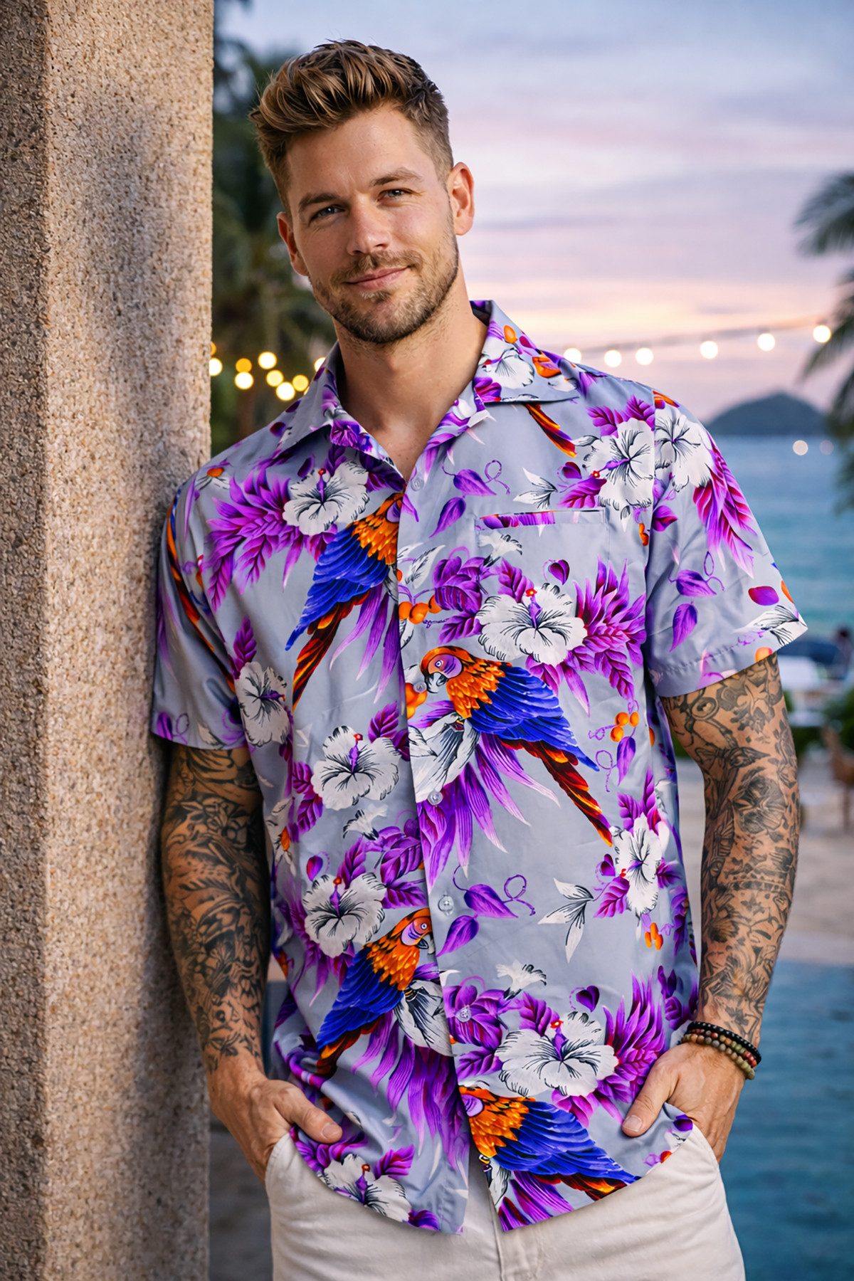 King Kameha Hawaiihemd "Cherry Parrot" Funky Hawaiihemd Herren Kurzarm Fronttasche Sommerhemd