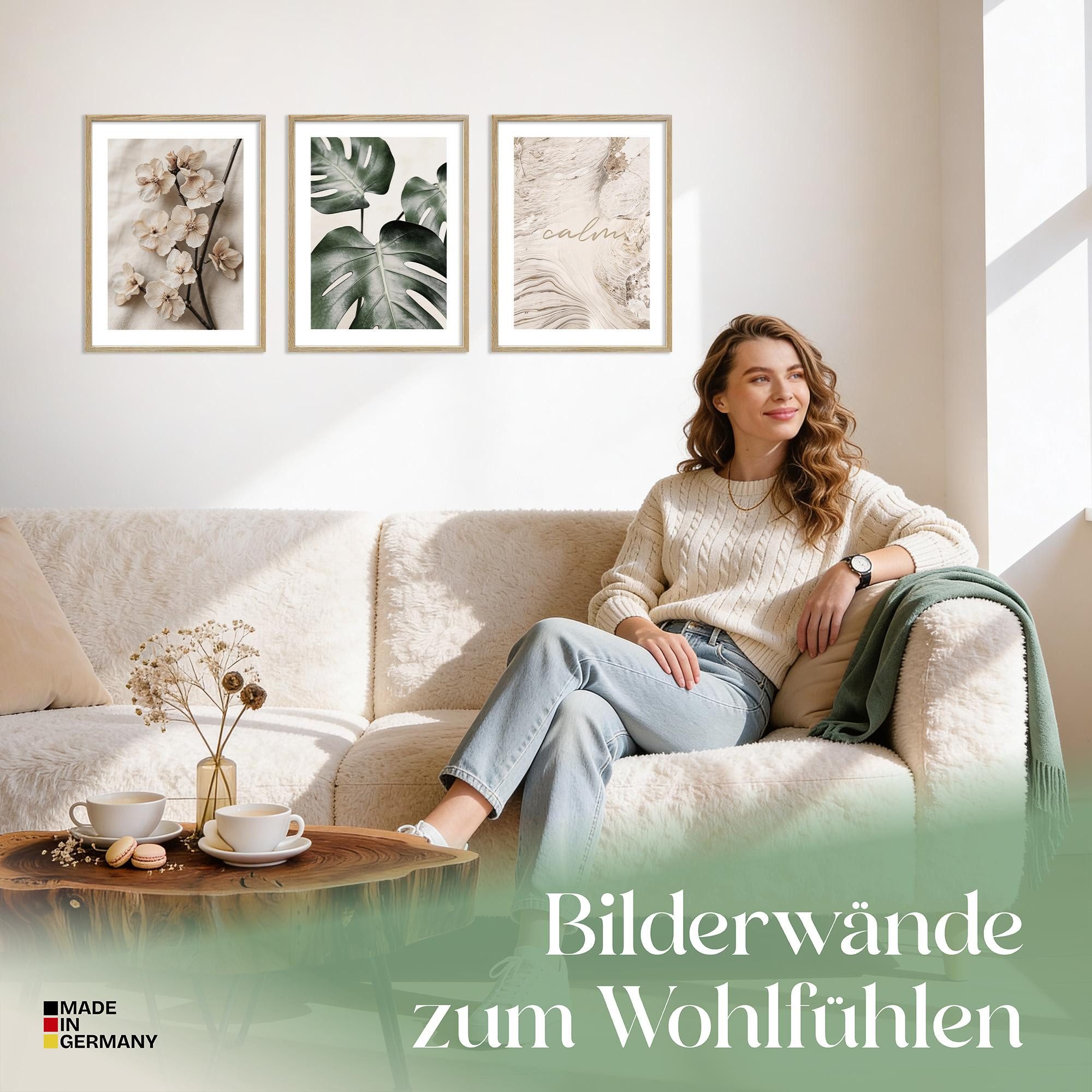 ARTFAVES Bilder-Collage Poster Set Beige Green Calmness Trio I mehrteilige Bilderwand I Wandbi, (Wandbilder modern, 3 St)