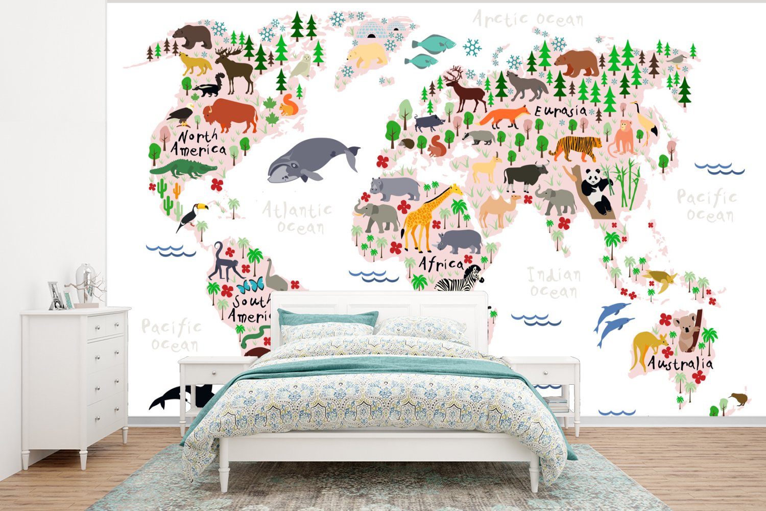 MuchoWow Fototapete Weltkarte - Kinder - Tiere, Matt, bedruckt, (6 St), Wallpaper für Wohnzimmer, Schlafzimmer, Kinderzimmer, Vinyl Tapete