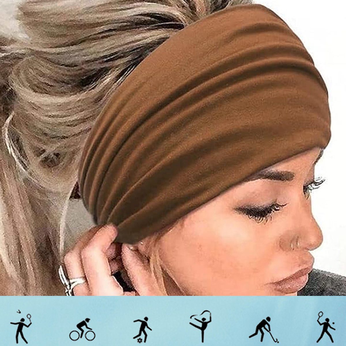 Jormftte Haarband Haarbänder Damen Breite Elastische hellbraun Yoga Sport + Regenbogenstreifen für + Weiche + armeegrün graues Haarband Pulver