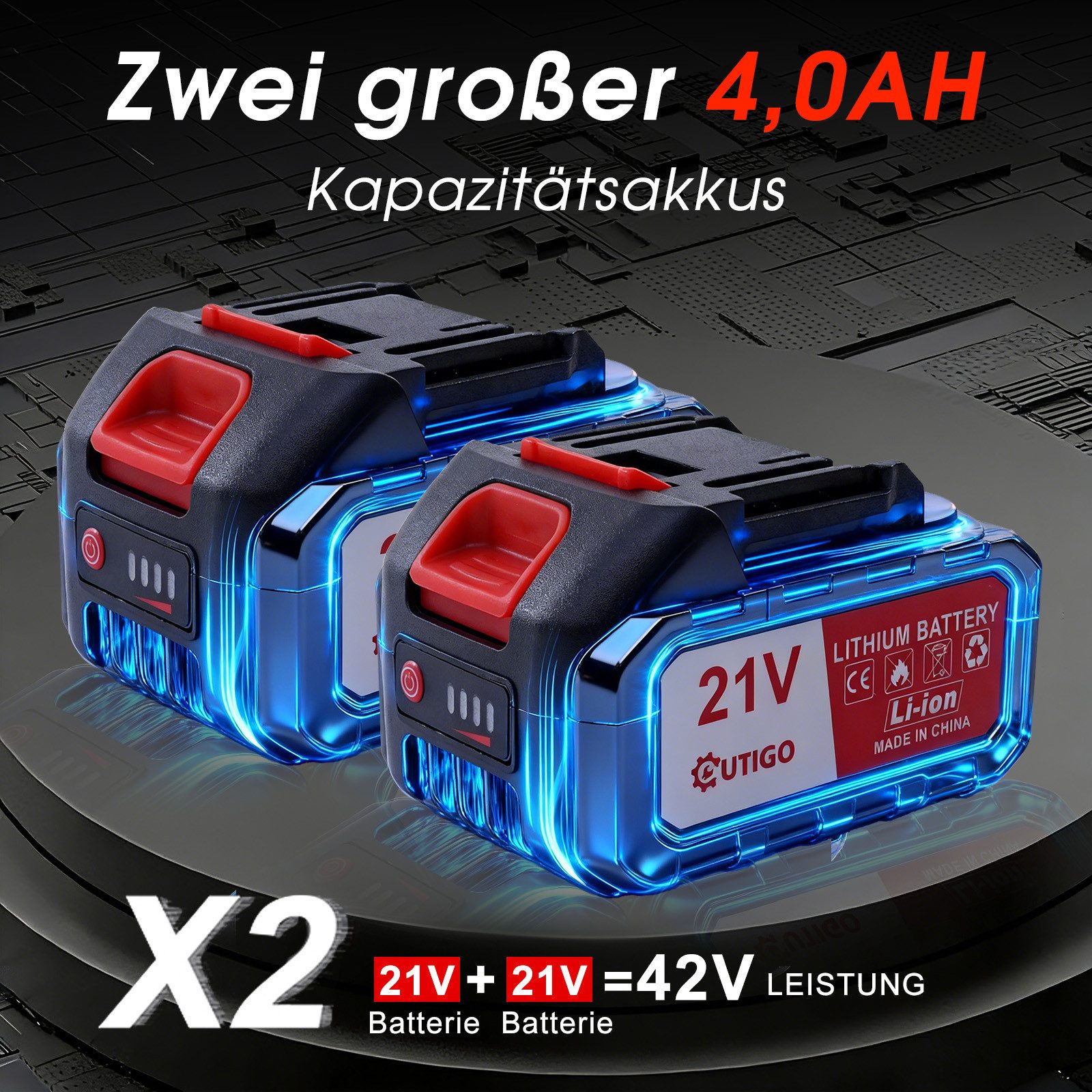 OUTIGO Akku-Rasentrimmer, Wiederaufladbarer, Akku-Rasentrimmer mit 2* 4000mAh, Rädern, 2-in-1-Rasenmäher Kantenschneider, 3 Arten Klingen, Teleskop-Stiel