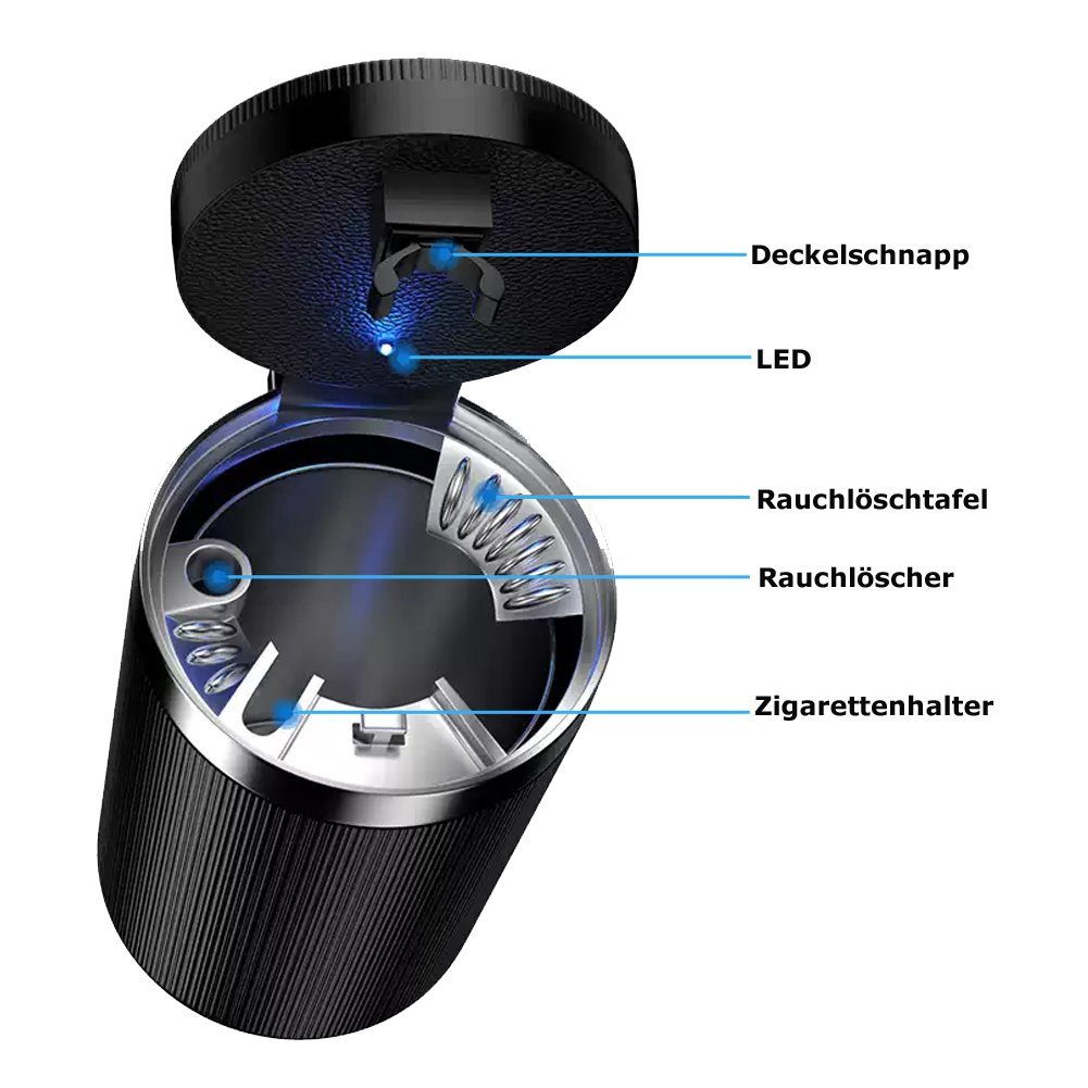 Bolwins Aschenbecher D09C KFZ Autoaschenbecher Aschenbecher LED Beleuchtung Gluttöter, Aschenbecher mit LED Beleuchtung