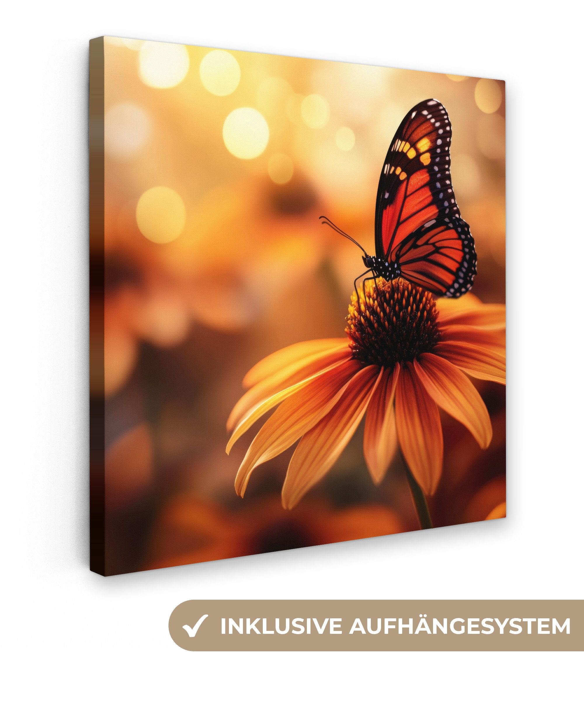 OneMillionCanvasses® Leinwandbild Schmetterling - Blumen - Orange, Fotodruck (1 St), Wandbild, Deko Schlafzimmer Wohnzimmer Flur 20x20 cm