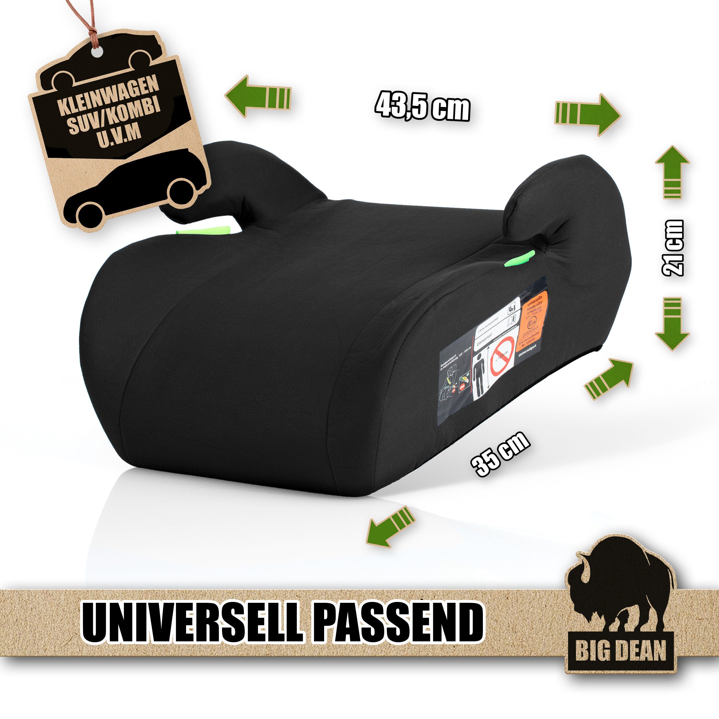 BigDean Kindersitzerhöhung Kindersitzerhöhung nach neuster i-Size Norm R129 Schwarz, ab: 6, bis: 12, ab: 125 cm, bis: 150 cm, (Packung, 1-tlg), i-size norm gerecht, Robuster HDPE, Angenehme Polsterung, 3-punkt-gurt