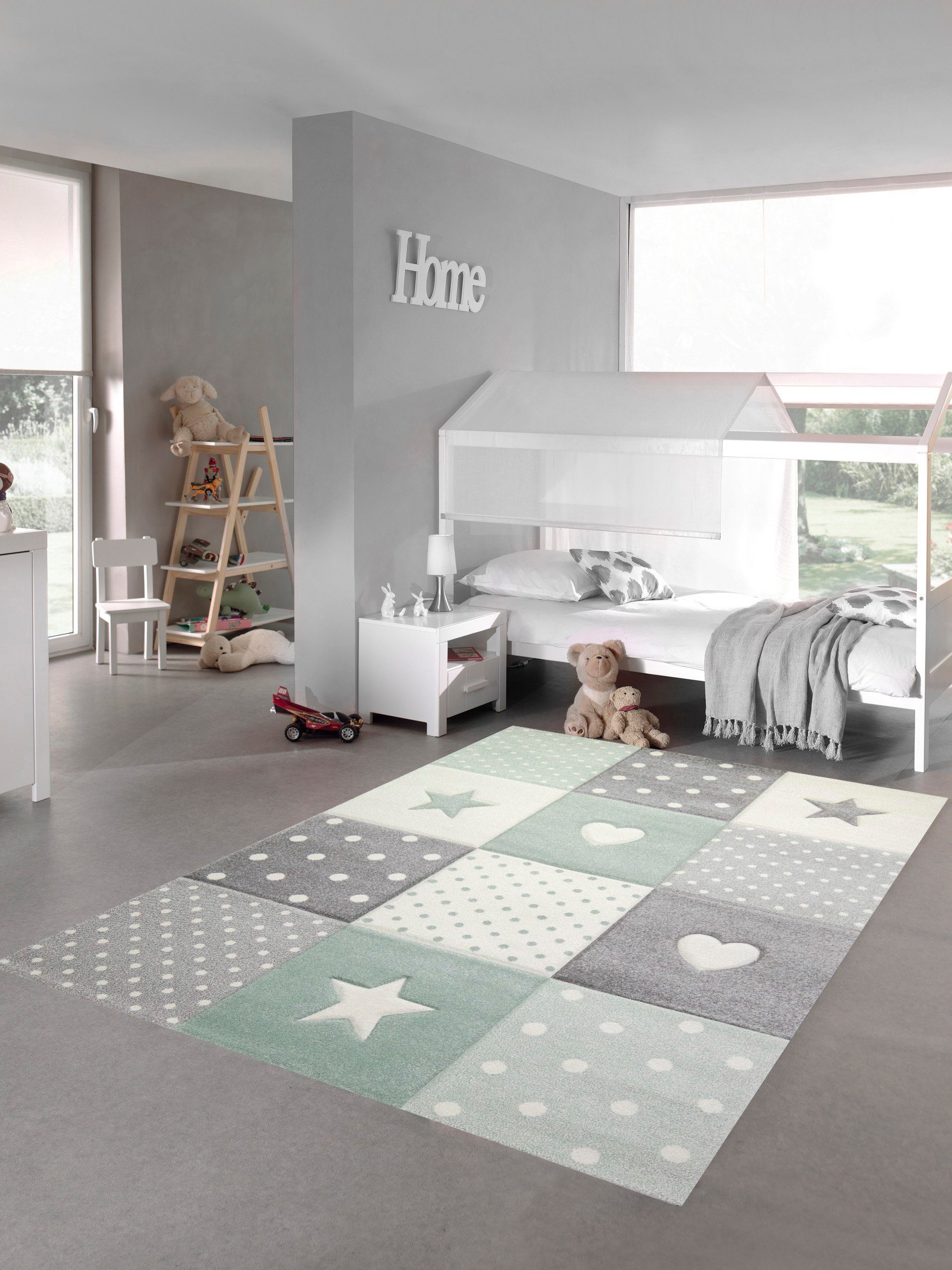 Kinderteppich Kinderzimmer Teppich Spielteppich Herz Stern Punkte Design grün grau creme, Teppich-Traum, rechteckig, Höhe: 13 mm