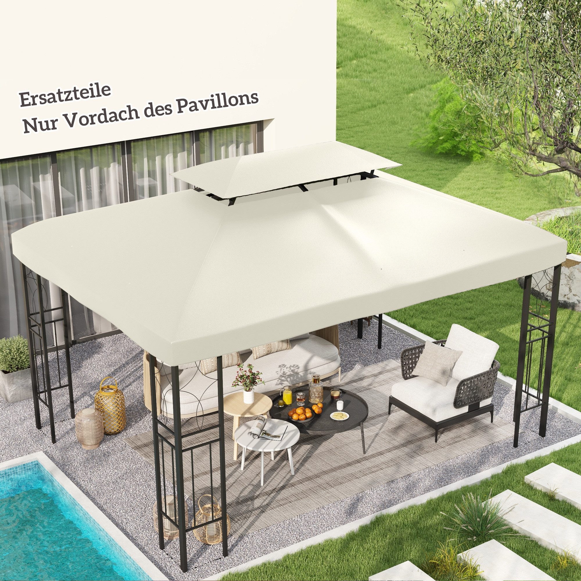 Outsunny Pavillon-Ersatzdach 3 x 4 m, mit Doppeldach, 180 g/m², 400 x 400 cm (Ersatzdach, Gartenpavillonersatzdach), für Gartenpavillon, Polyester, Cremeweiß