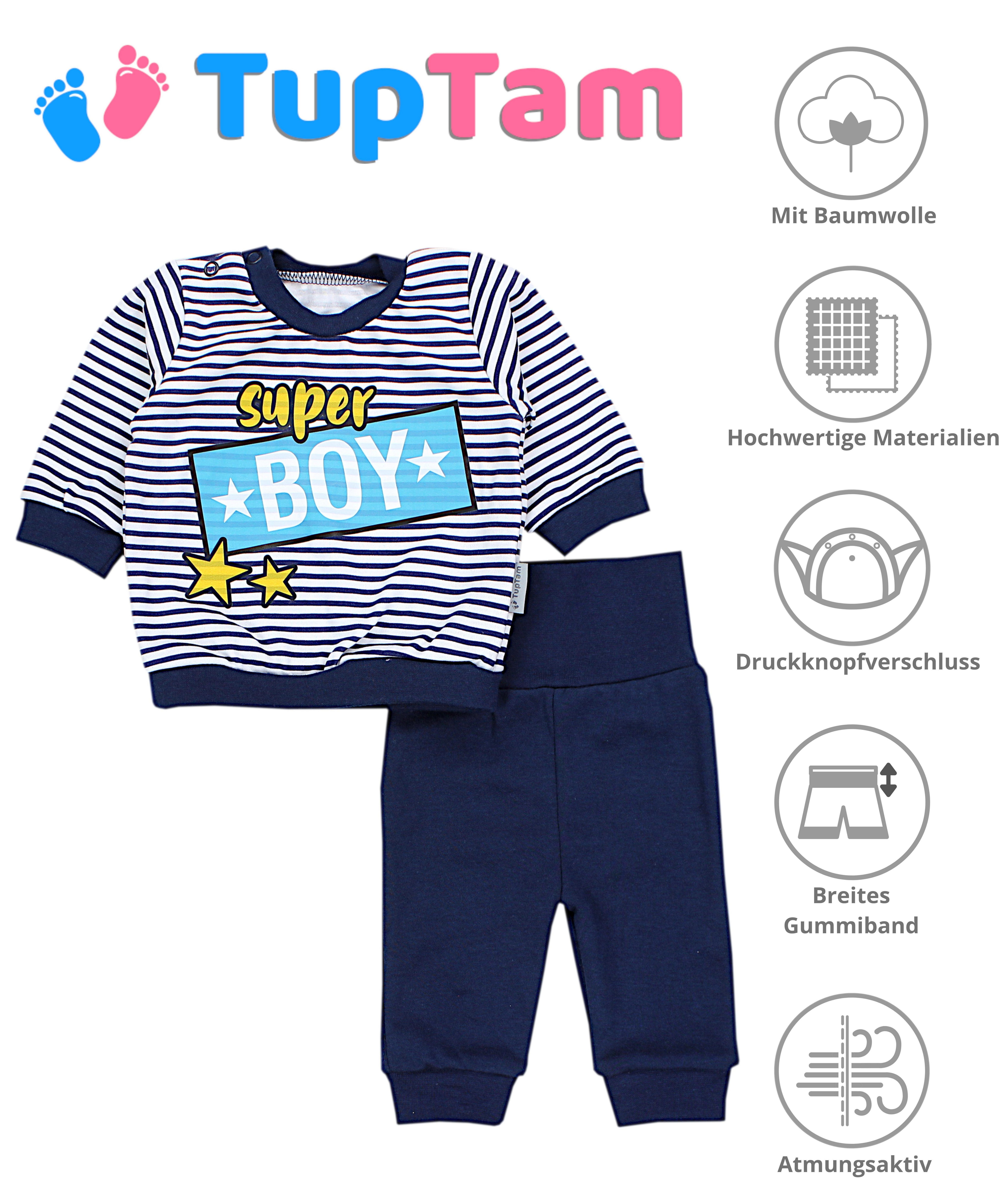 Babykleidung / Spruch TupTam Dunkelblau Print Super Weiß Baby Babyhose Outfit Boy Erstausstattungspaket mit Jungen Langarmshirt Streifen