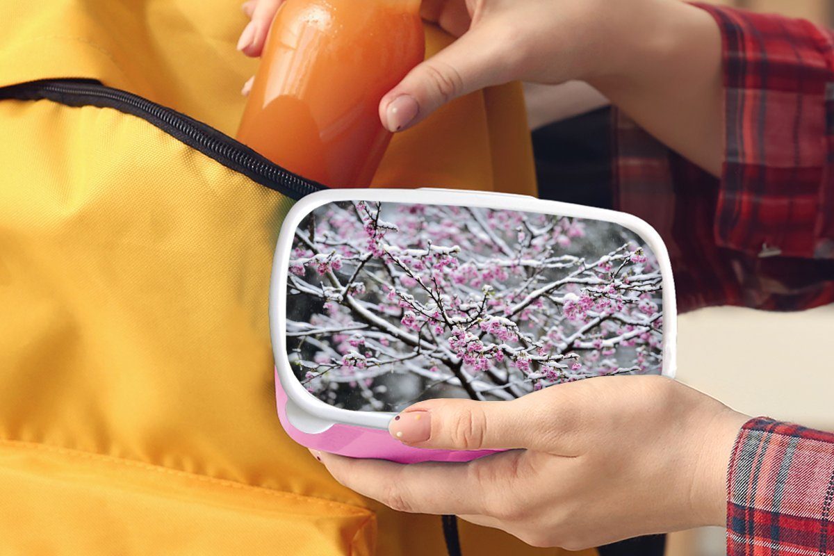 MuchoWow Lunchbox Nahaufnahme einer Sakura, Erwachsene, Brotdose Kinder, rosa für Kunststoff, Snackbox, Kunststoff Mädchen, Brotbox (2-tlg), verschneiten