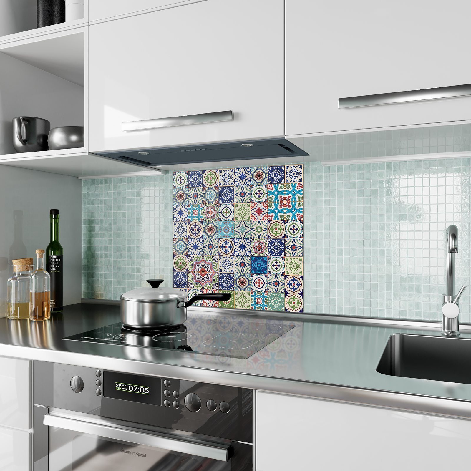 mit Patchwork Primedeco Küchenrückwand Spritzschutz Küchenrückwand Motiv Glas Muster