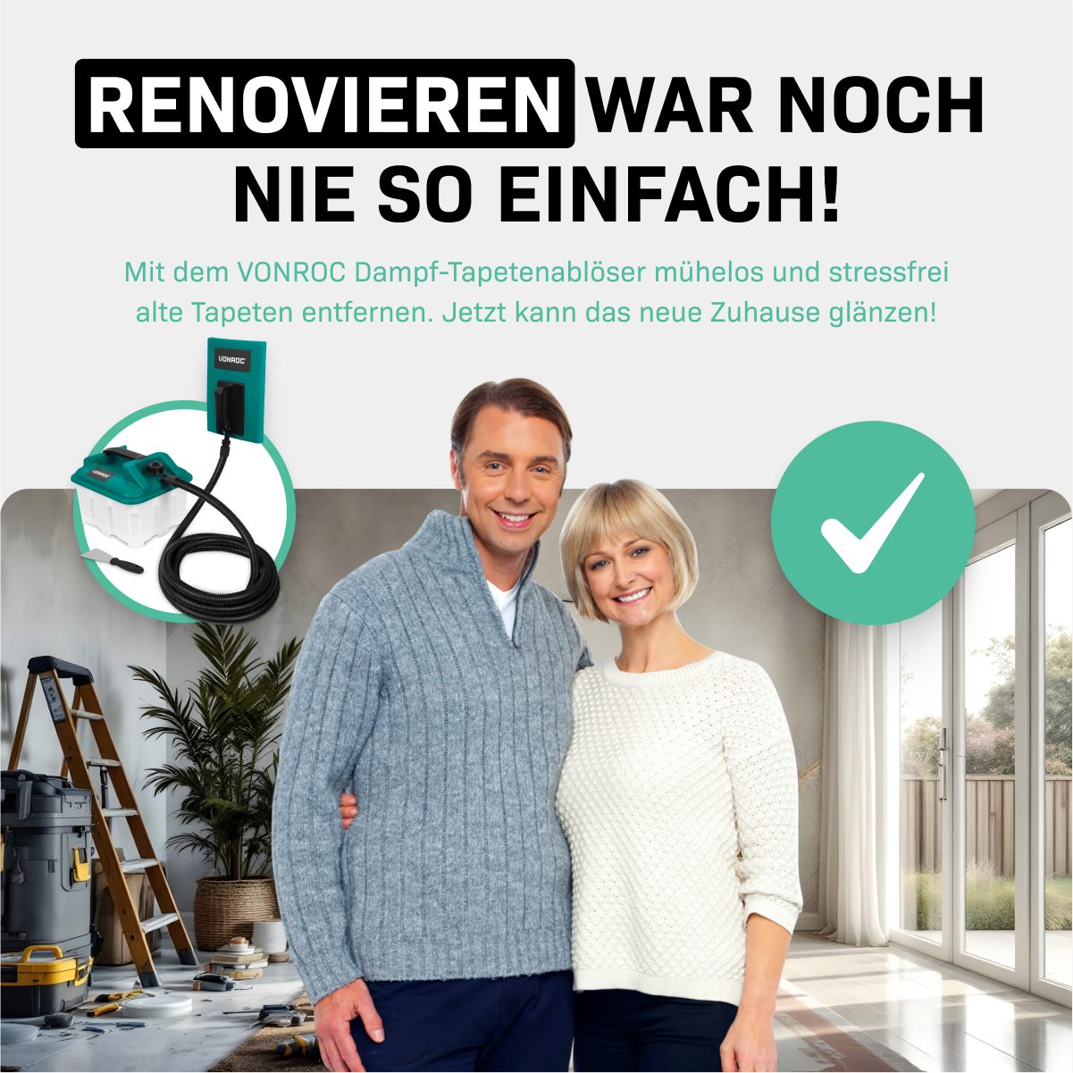 VONROC Dampftapetenablöser zum Tapeten entfernen, 4 m Schlauch, max. Dampfzeit 70 min, (Tapetenentferner, Tapetenlöser Dampf Vonroc) Tapetenablöser mit Dampf – Bild 5 von 5