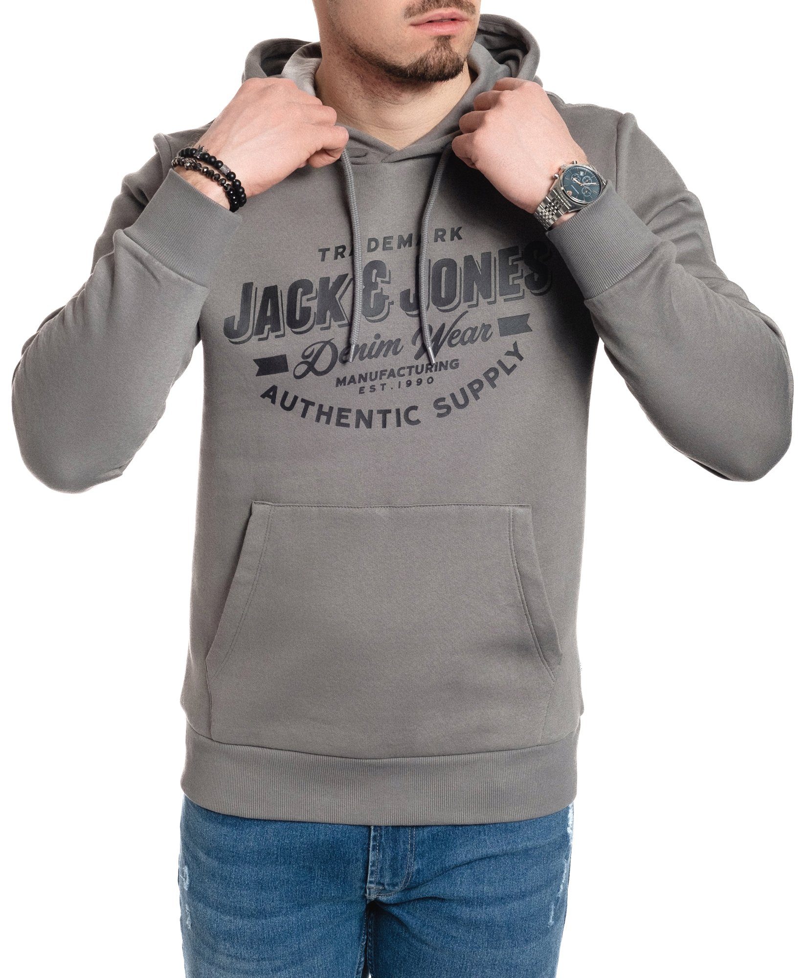 Logodruck, Kapuze Kängurutasche, Kapuzensweatshirt unifarben, Jack Sedona-Black-JJ mit Jones & mit mit