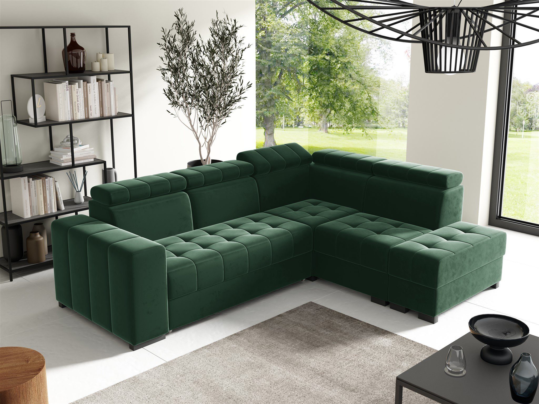 Fun Möbel Ecksofa Schlafsofa Sofa CESENA in Stoff Salvador, mane Links oder Rechts, Bettkästen, verstellbare Kopfstützen Flaschengrün