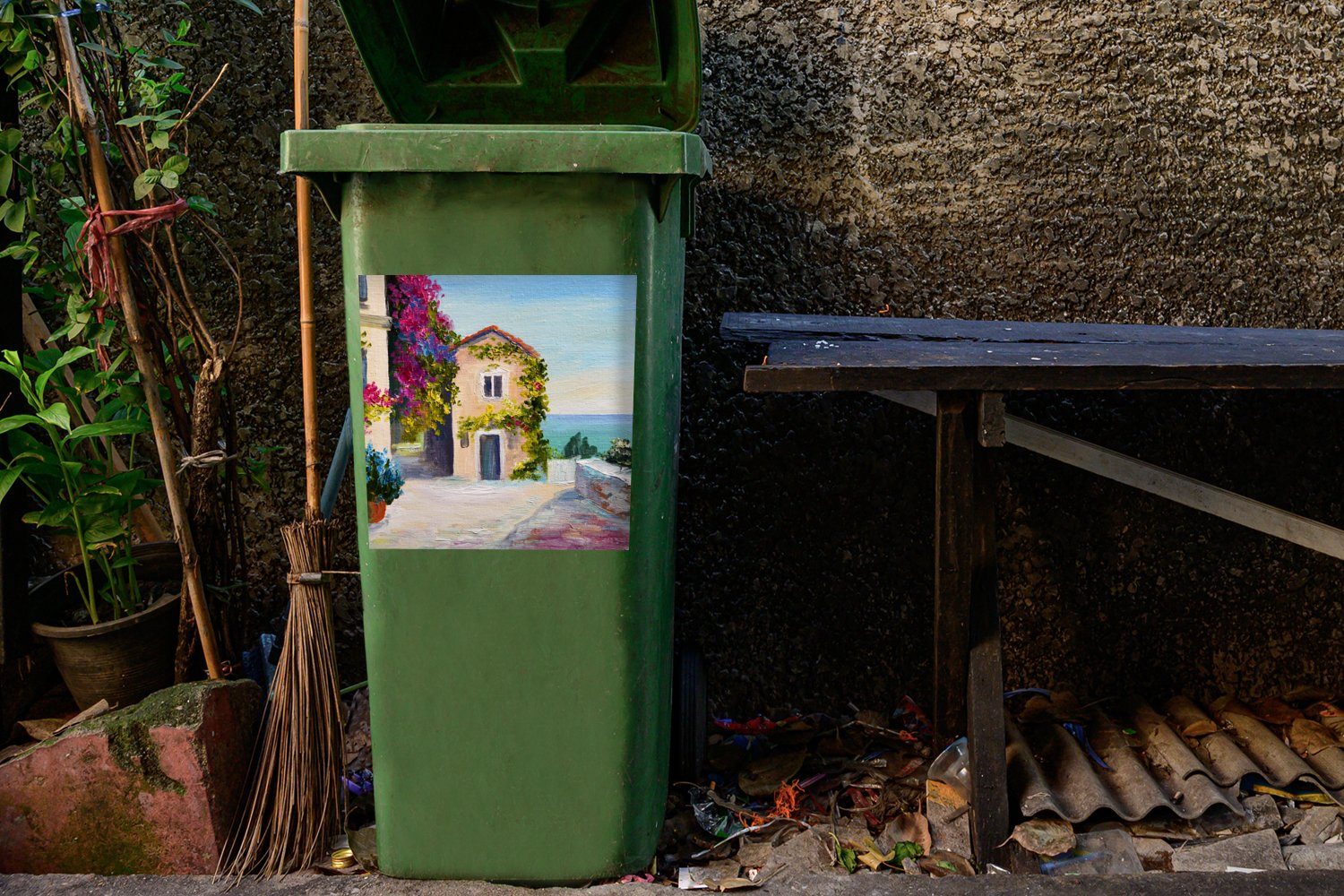 St), - (1 - Dorf - Mülleimer-aufkleber, Haus Wandsticker MuchoWow Container, Sticker, Mülltonne, Abfalbehälter Ölfarbe Malerei