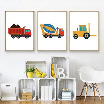 TPFLiving Kunstdruck (OHNE RAHMEN) Poster - Leinwand - Wandbild, Traktor, Lastwagen, Bagger, Kran für Kinderzimmer - (Mädchenzimmer, Babyzimmer, Jungenzimmer, Kindergarten), Farben: rot, grün, blau, gelb - Größe: 10x15cm