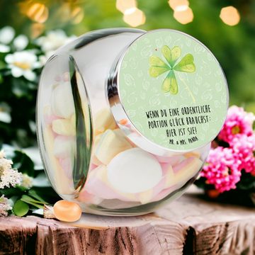 Mr. & Mrs. Panda Vorratsglas L 870ml Blume Kleeblatt - Blattgrün - Geschenk, Umzug, Vorratsbehälte, Premium Glas, (1-tlg), Eigene Motive