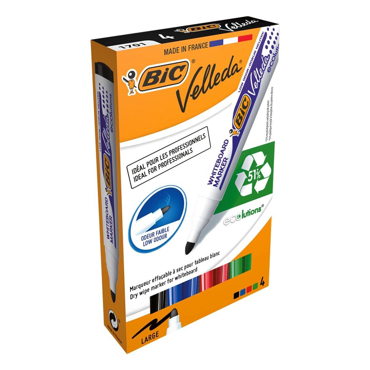 BIC Whiteboard Marker Velleda 1701, (4-tlg), Schaft aus 51% recyceltem Material