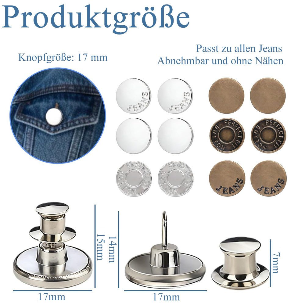 AFKSMILE Manschettenknöpfe 12 Stück Jeansknöpfe Ohne Nähen,17mm Jeansknopf Hose Enger Machen Clip
