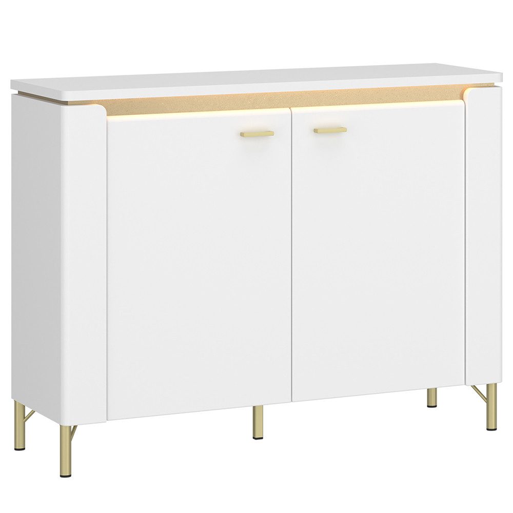 Lomadox Kommode LUKA-129, weiß mit goldfarbenen Akzenten, 2 Türen, Breite 110cm