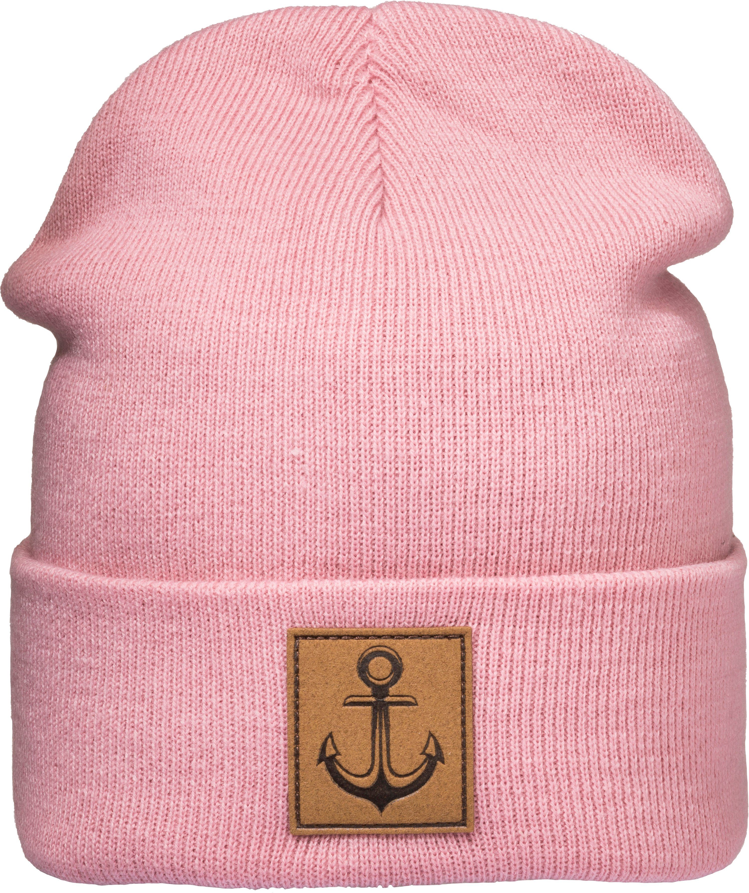 Baddery Beanie Strickmütze: "Anker" mit Leder Patch - Wollmütze Winter-Mütze Beanie, hochwertiger doppellagiger Strick, Leder-Patch, One Size