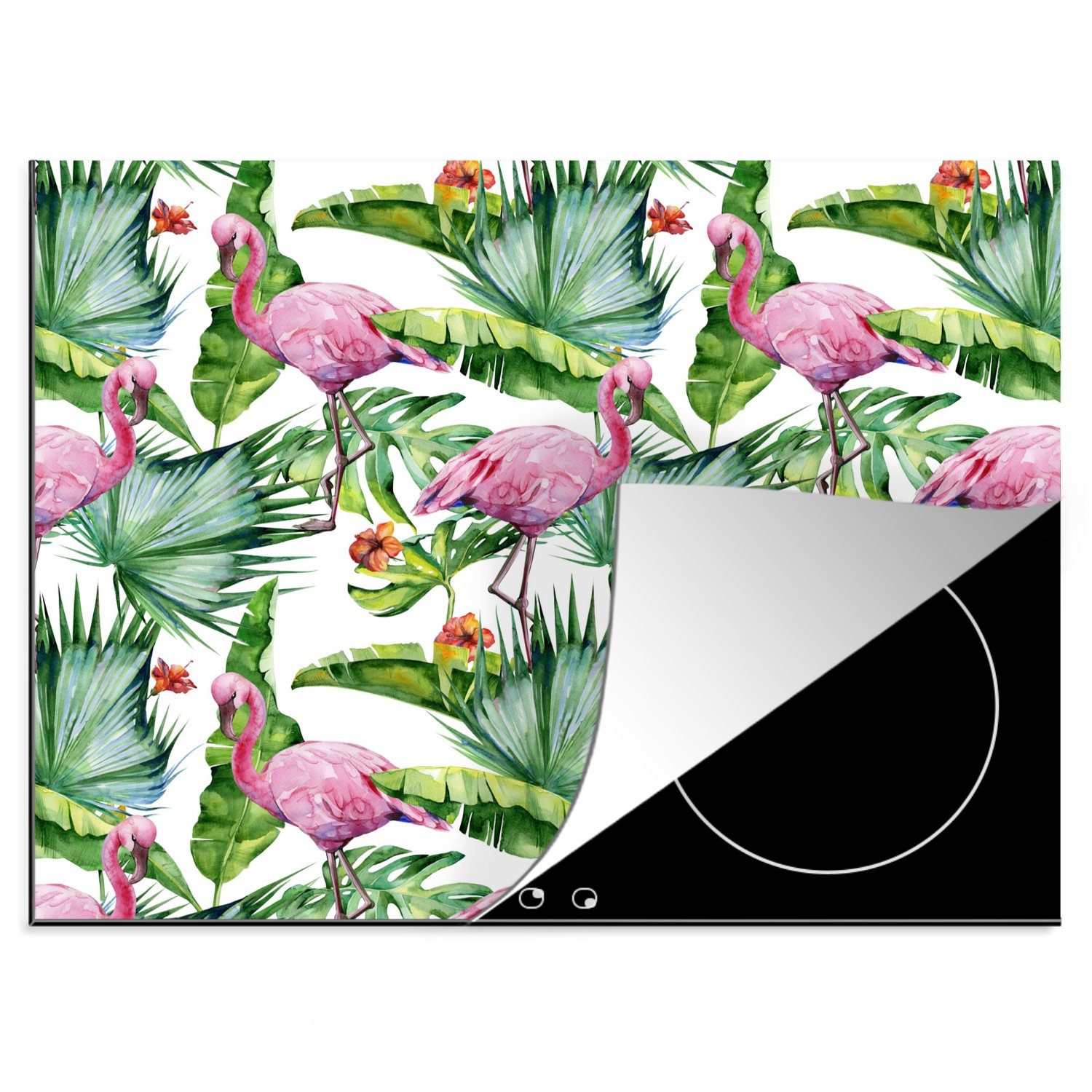 - Herdblende-/Abdeckplatte Flamingo cm, nutzbar, - (1 Induktionsschutz -, Kochfeld Vinyl, Ceranfeldabdeckung für Mobile tlg), Arbeitsfläche 60x52 Abdeckplatte - Blätter MuchoWow