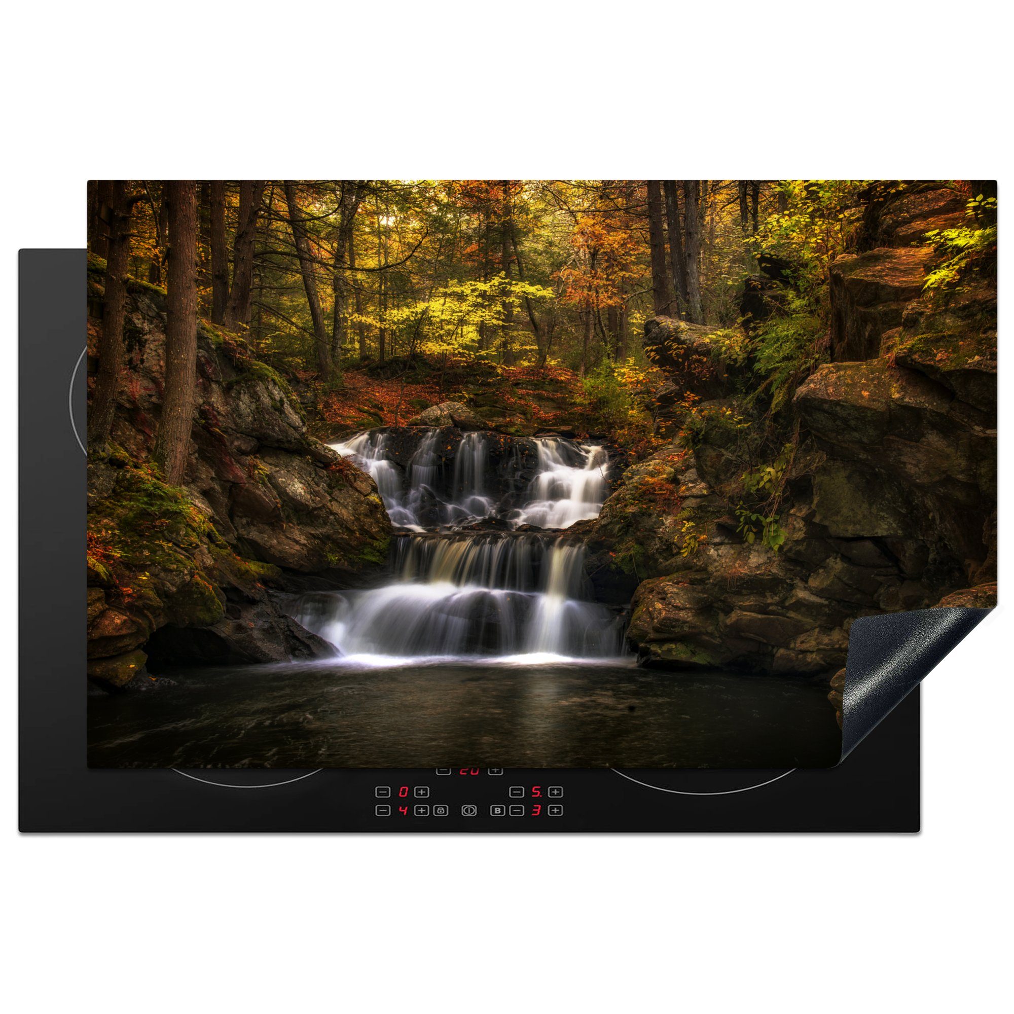 MuchoWow Herdblende-/Abdeckplatte Wasserfall in einem Wald in Connecticut, Vinyl, (1 tlg), 81x52 cm, Induktionskochfeld Schutz für die küche, Ceranfeldabdeckung