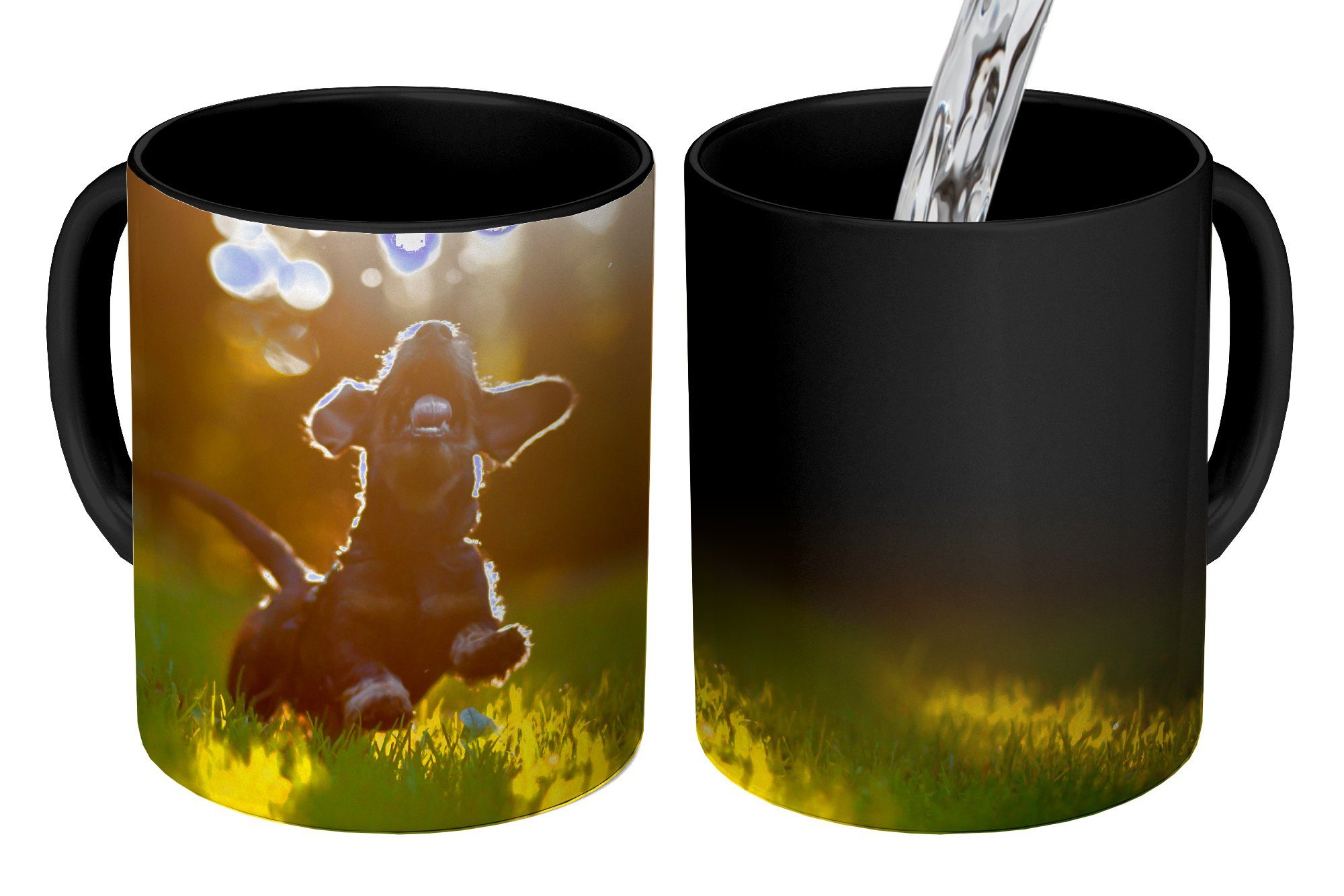 MuchoWow Tasse Welpe läuft im Gras, Keramik, Farbwechsel, Kaffeetassen, Teetasse, Zaubertasse, Geschenk