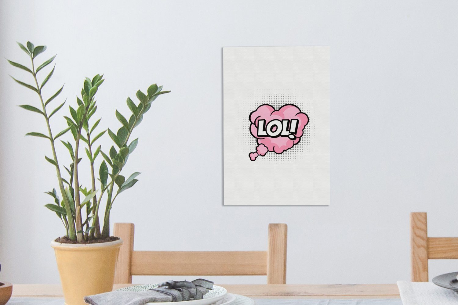 20x30 cm Zackenaufhänger, einer OneMillionCanvasses® Leinwandbild Leinwandbild inkl. fertig "LOL!" rosa Denkwolke, (1 bespannt Gemälde, Cartoon-Zitat St), auf