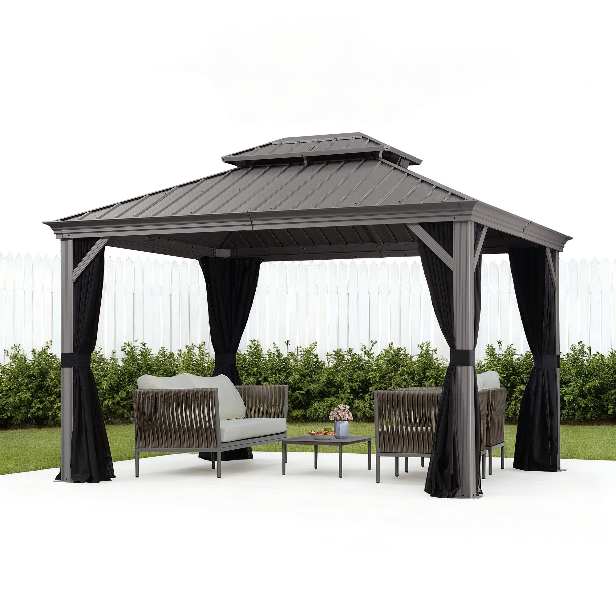 PURPLE LEAF Pavillon Außenbereich Alu Gartenpavillon, Gazebo mit Stahldach Hardtop, 300x365 CM, Gazebo Inklusive Vorhänge und Fliegengitter,für Terrasse