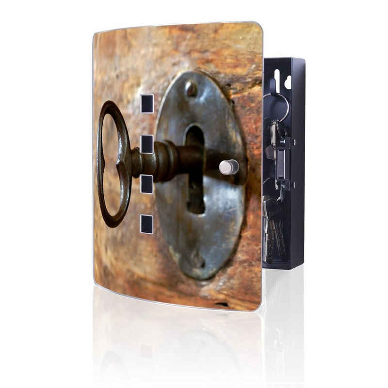 banjado Schlüsselkasten Edelstahl Schlüssel (verstellbarer Magnetverschluss, mit 10 Haken), 24 x 21,5 x 7 cm