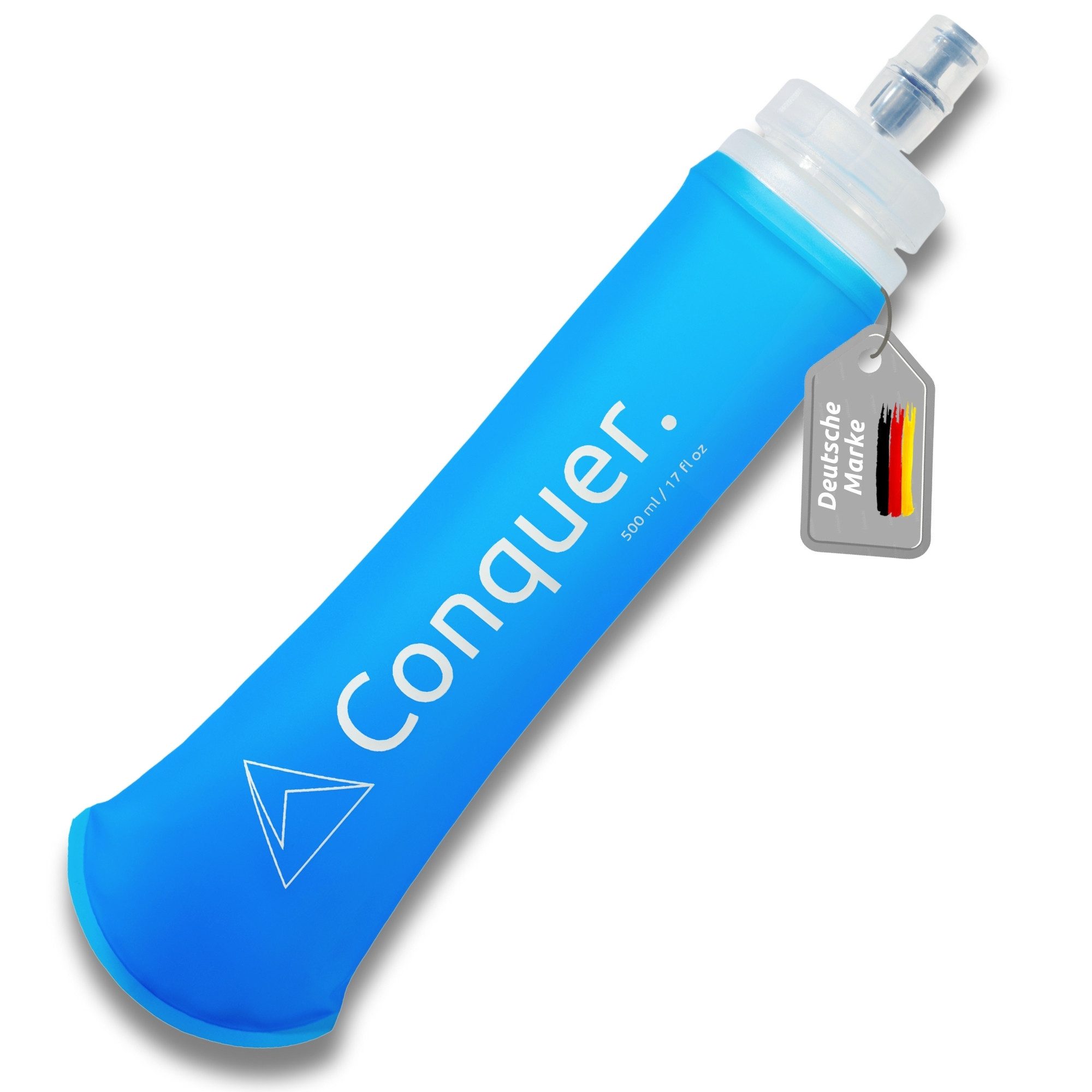 Conquer. Trinkflasche Flexibel 500ml faltbare Flasche Running, Laufen, Joggen, Bissventil, 38mm Verschluss