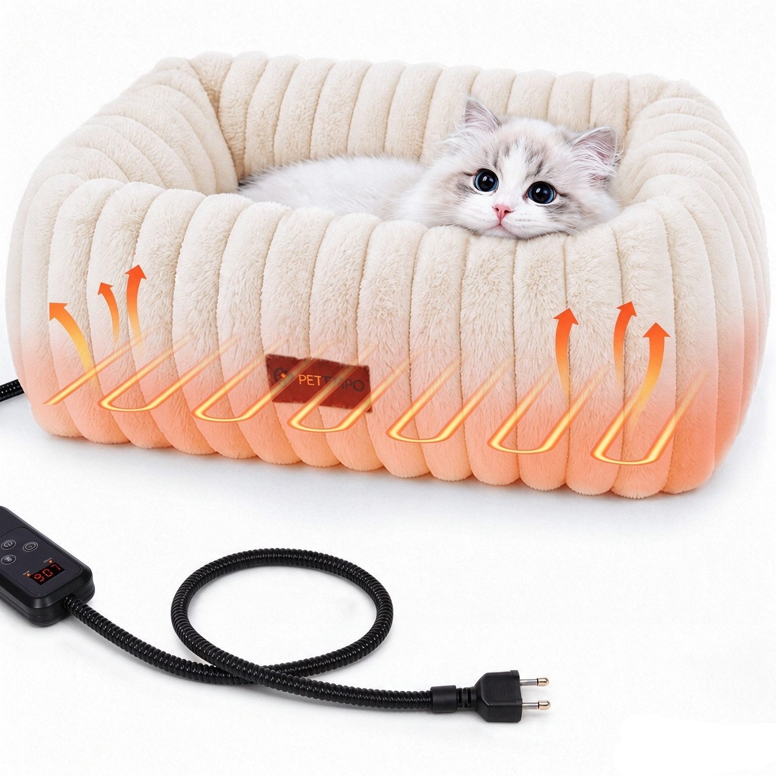 PETEMPO Tierbett Beheiztes Katzenbett Haustierbett mit 6 Temperatur- & 5 Timerstufen, flauschige Katzencouch 55×36×20cm, waschbarer Bezug, …