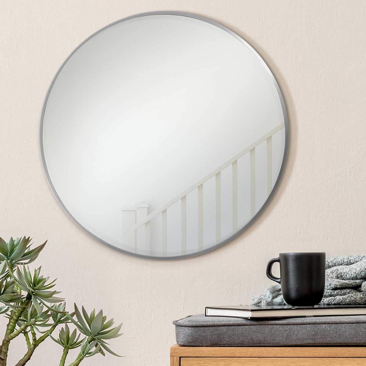 PHOTOLINI Spiegel rund mit Metallrahmen Silber, eleganter Wandspiegel, schmaler Rahmen