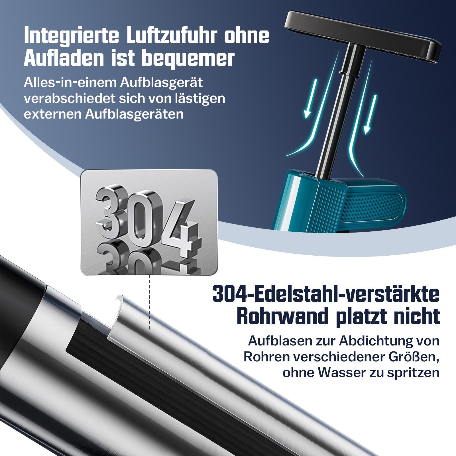 XERSEK Rohrreinigungspumpe Rohrreiniger Toilette Dusche & Spüle Abflussreiniger Druckluft Pumpe, aus Edelstahl, Max.6 Bar, mit 3 x Kolbenköpfe