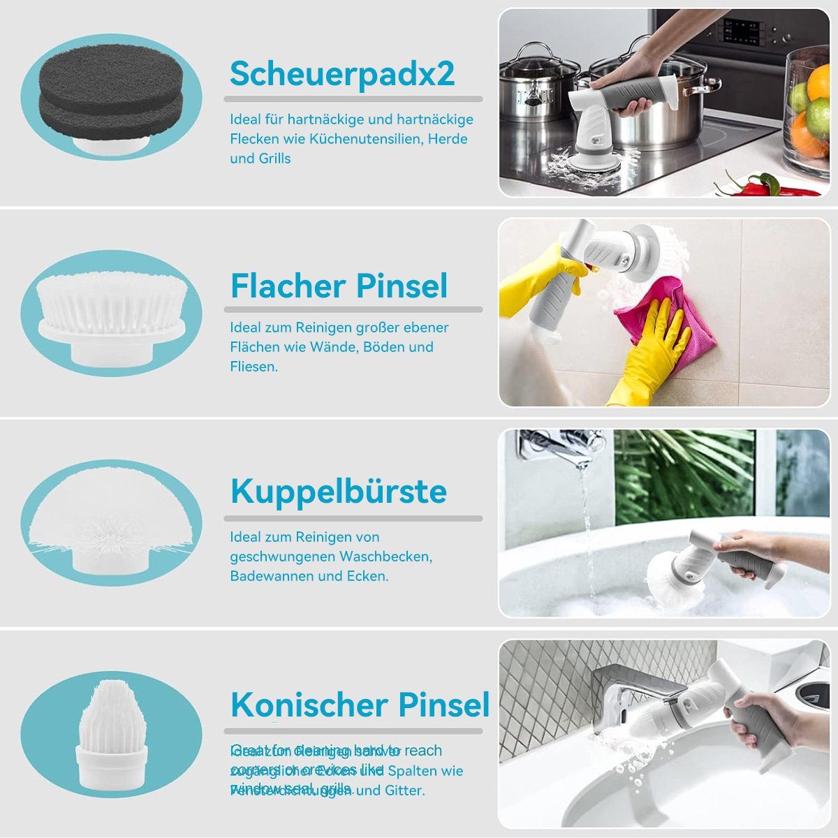Reinigungsbürsten-Set DOPWii Ersatzbürstenköpfe 4 Küche schnurlos Reinigungsbürste, Elektrische
