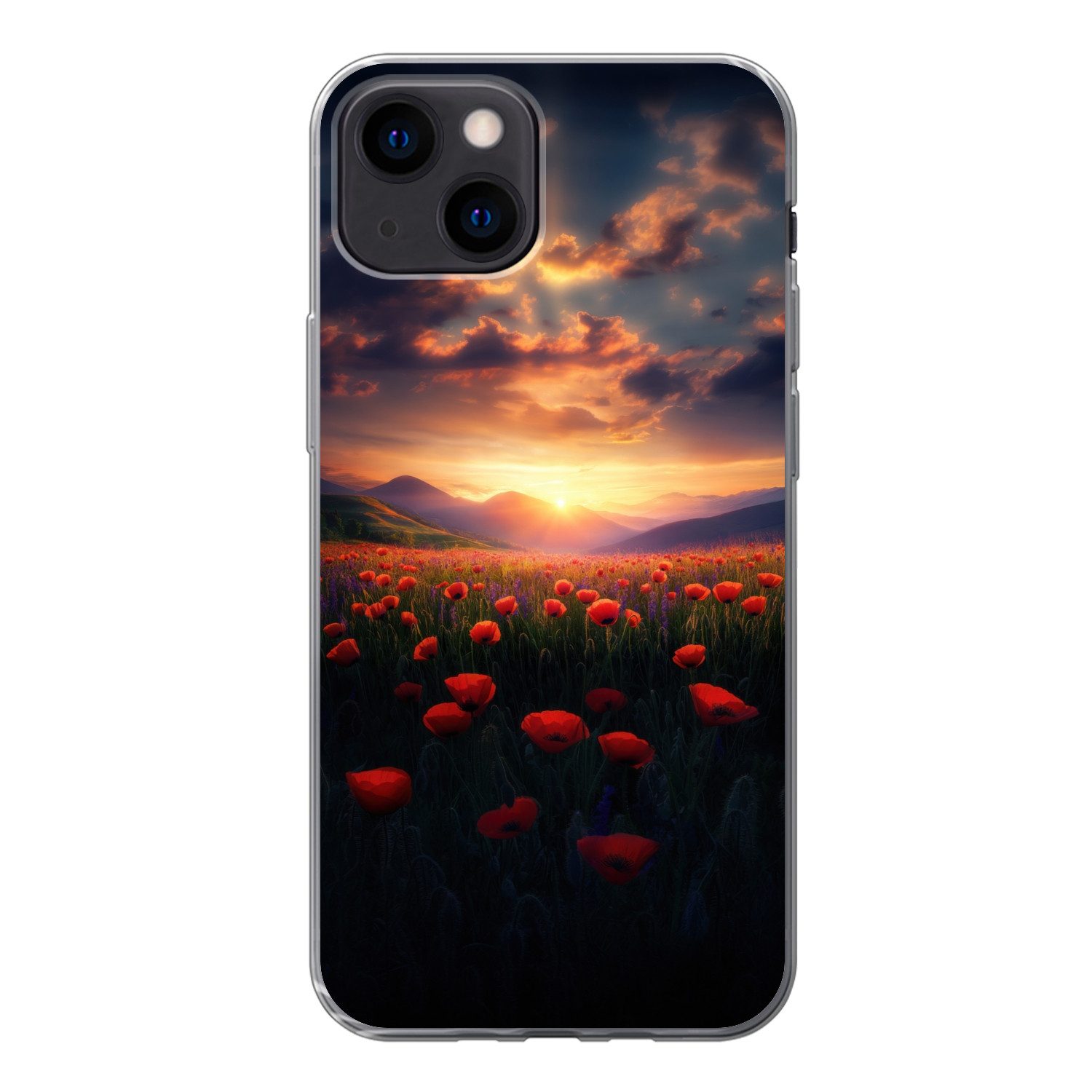 MuchoWow Handyhülle für Apple iPhone 13 mini Landschaft - Sonnenuntergang - Blumenfeld, Smartphone-Bumper, Print, Handy Schutzhülle Dünn