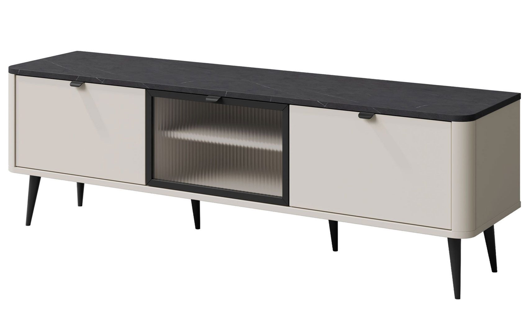 Feldmann-Wohnen Lowboard Marly (mit 1 Glastür, 2 Holztür, 3 Einlegeböden, 1 St., moderne Optik, abgerundeter Korpus, Zugengriffe aus Metall), 160x40x52cm Kaschmir / Graustein