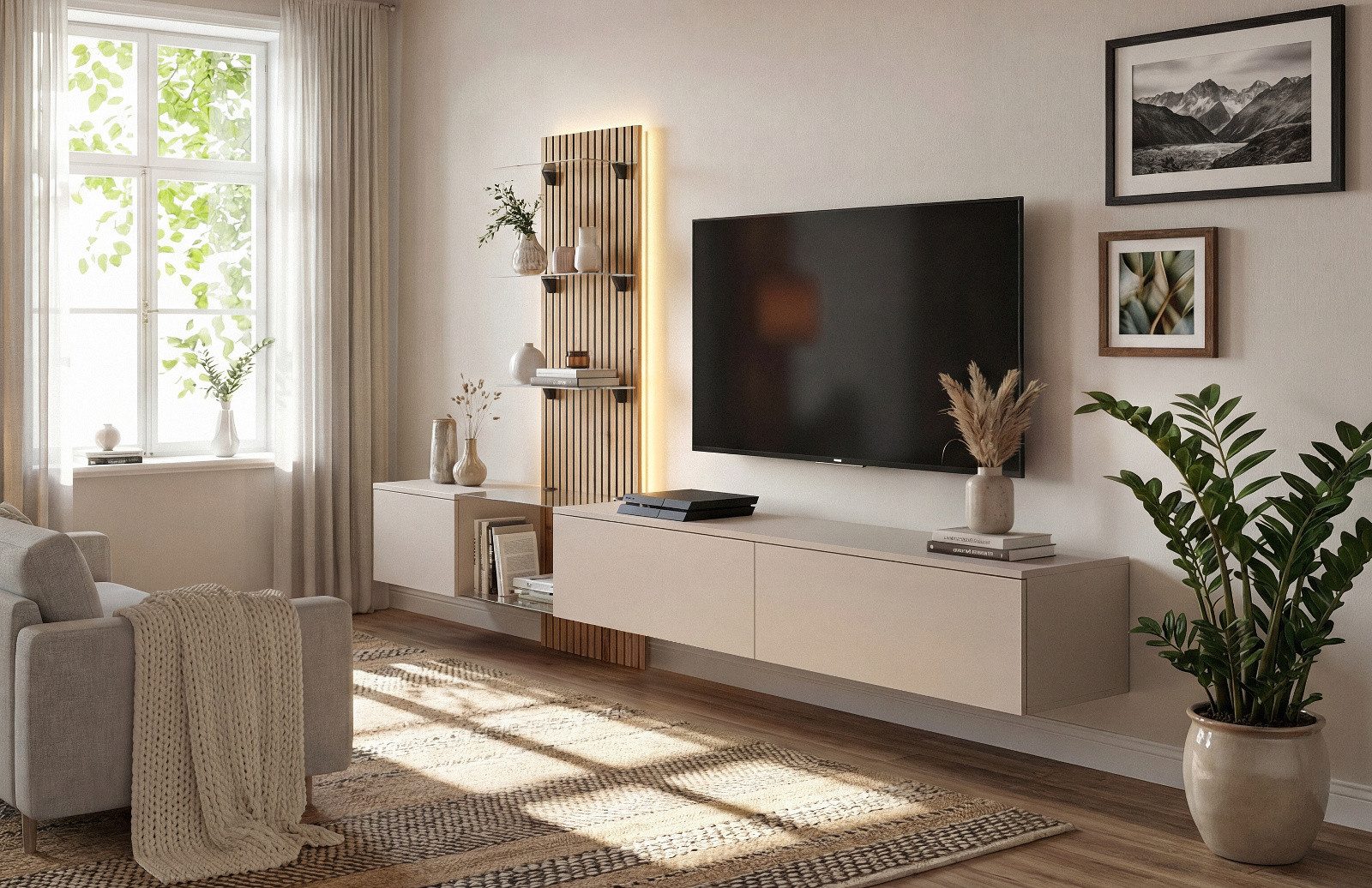 Furn.Design Wohnwand Clay, (TV Wand hängend in Grau / Lehmgrau mit Eiche, Breite 220 cm), mit Push-To-Open, Soft-Close und LED Beleuchtung