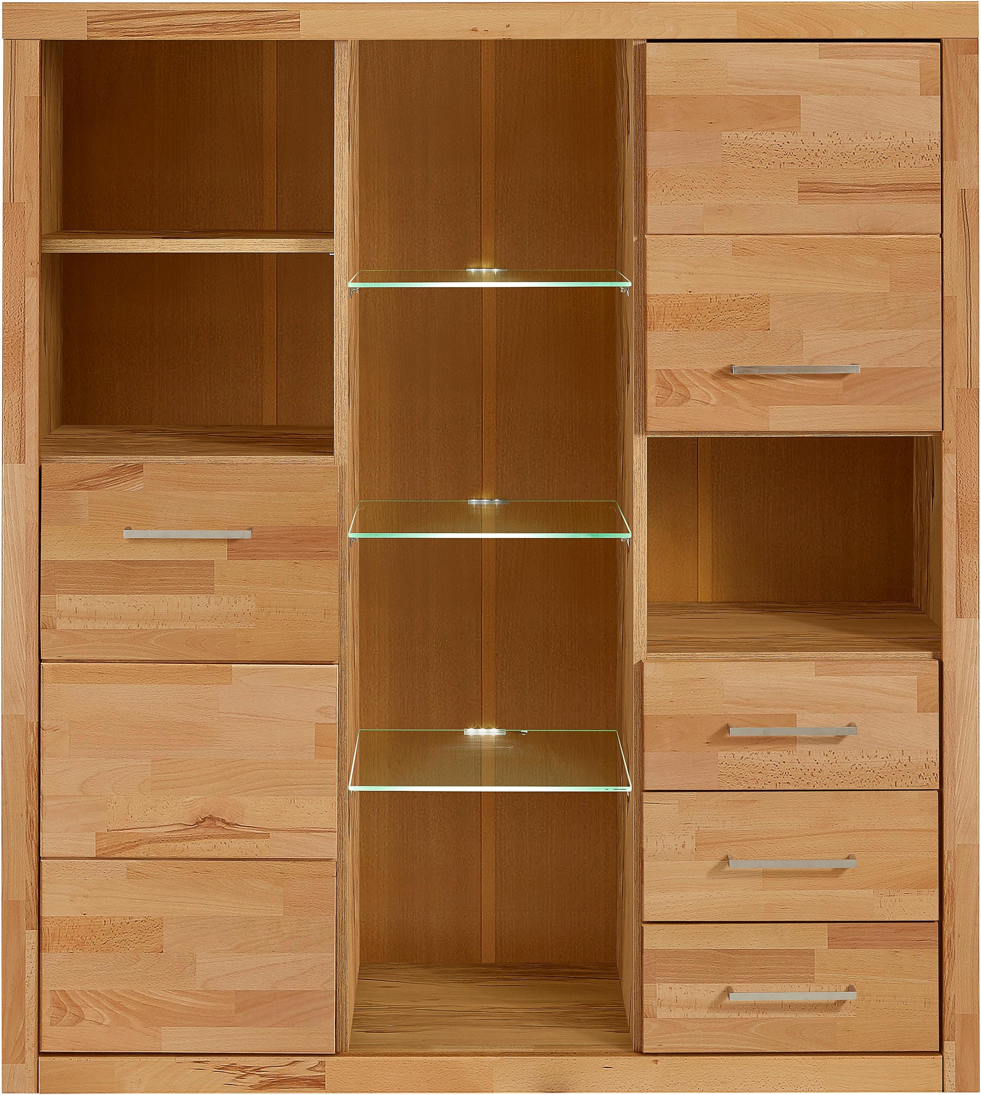 OTTO home Highboard Ribe,130cm breit145cm hoch,Fronten Massivholz,12 Fächer, Korpus aus Holzwerkstoff, Metall Griffe,Böden versetzbar
