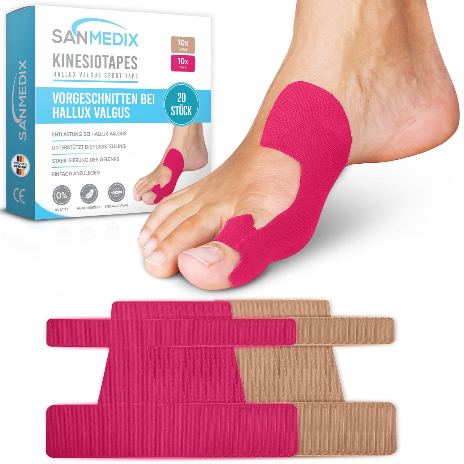 Sanmedix Kinesiologie-Tape Hallux Valgus Precut Kinesiotapes Vorgeschnitten bei Ballenzeh, atmungsaktiv, hautfreundlich, latexfrei