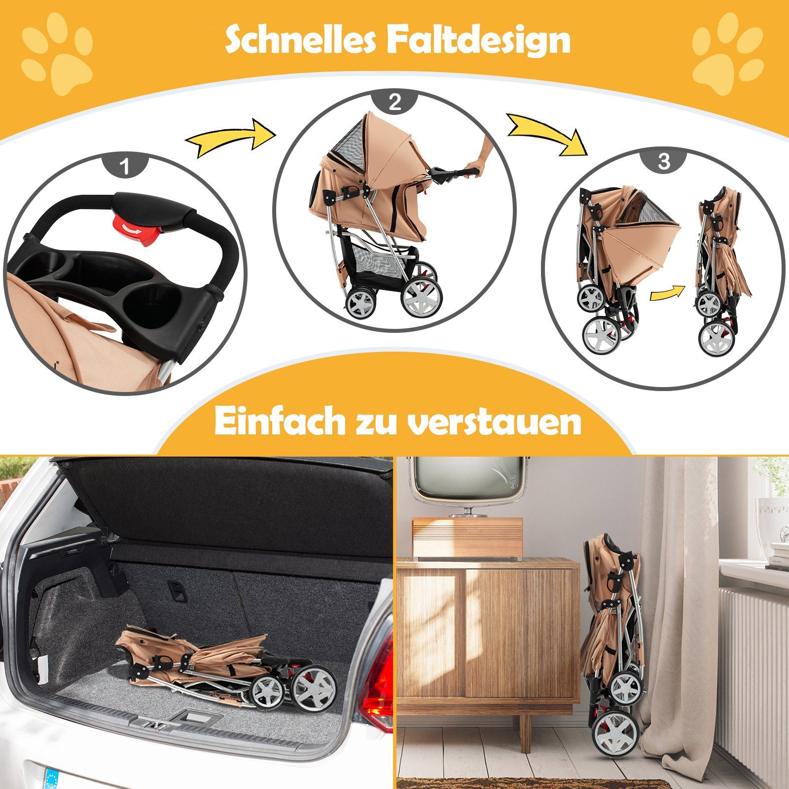 COSTWAY Hundebuggy Hundewagen, Tiertransportbox, mit Gitternetz, bis 15 kg