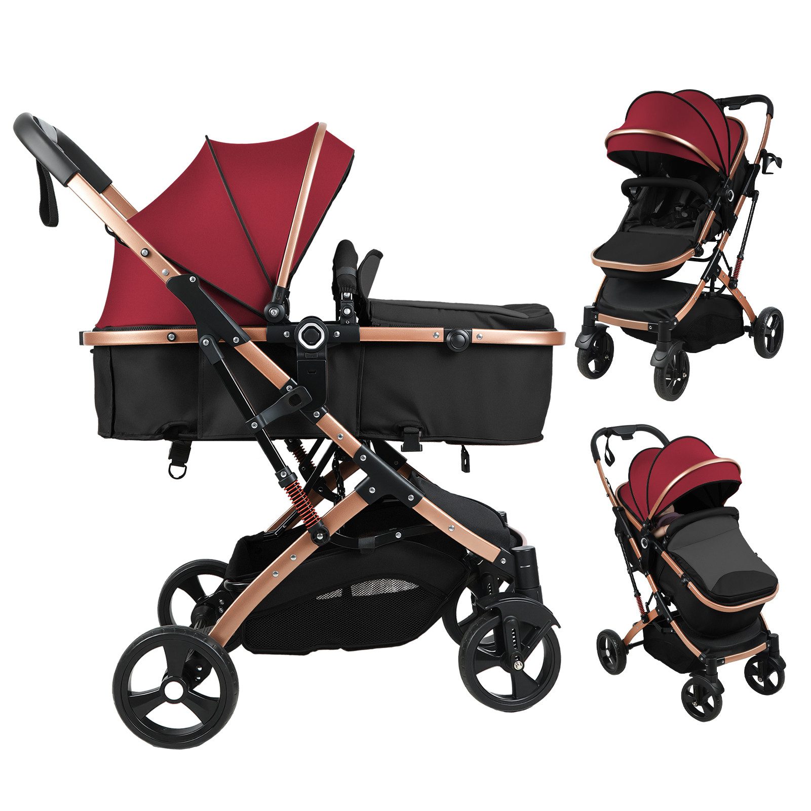 Rutaqian Kombi-Kinderwagen Kombi-Kinderwagen mit Babywanne, Faltbarer Babywagen mit Umkehrbarem, Baby Kinderwagen mit Sonnenverdeck, Stoßdämpfung und 5-Punkt-Gurt 40kg