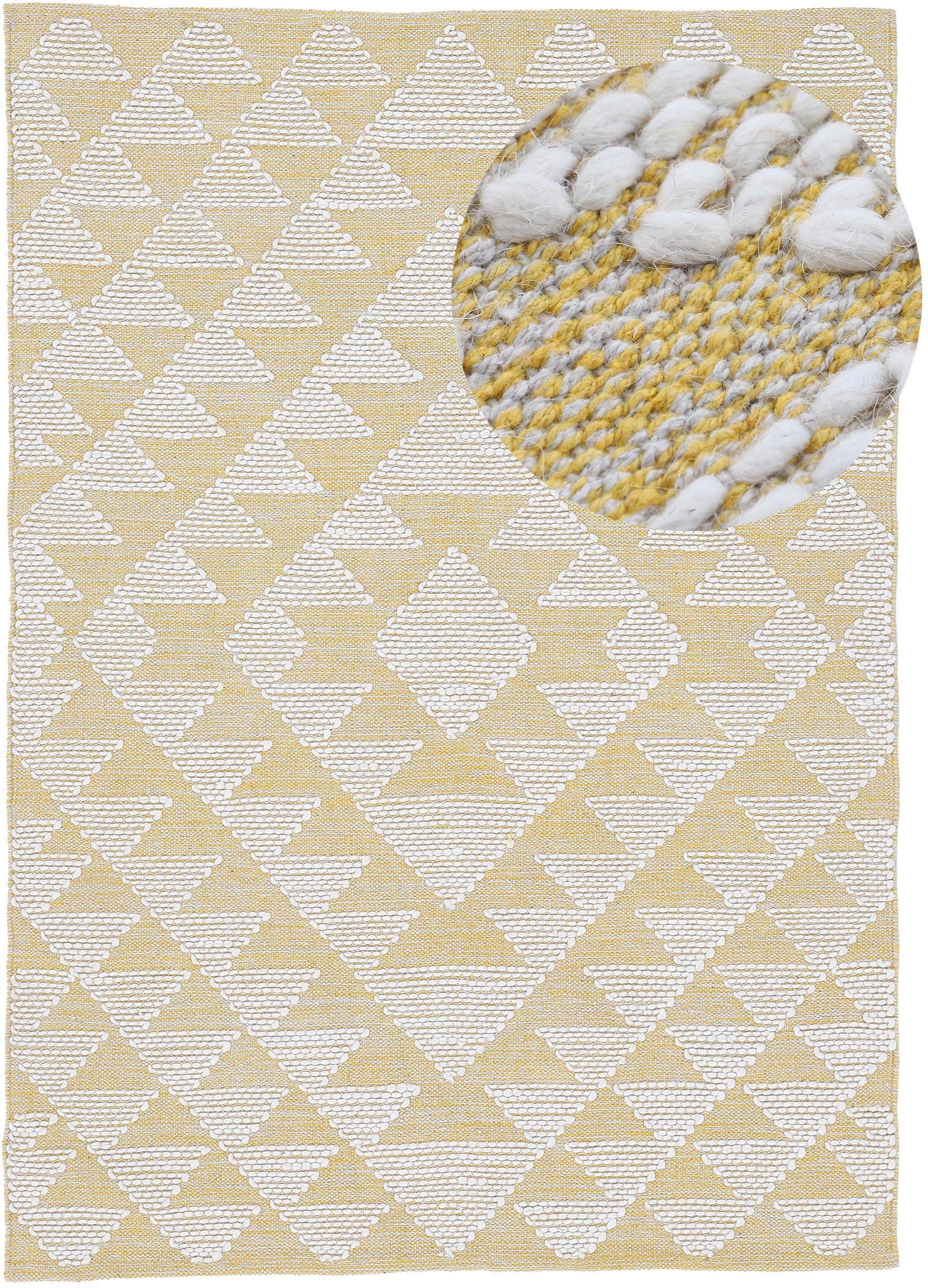 Teppich Kelim Durry, carpetfine, rechteckig, Höhe: 5 mm, Handweb, geometrisch, Hoch-Tief Effekt, handgewebt, reine Baumwolle gelb | Kurzflor-Teppiche