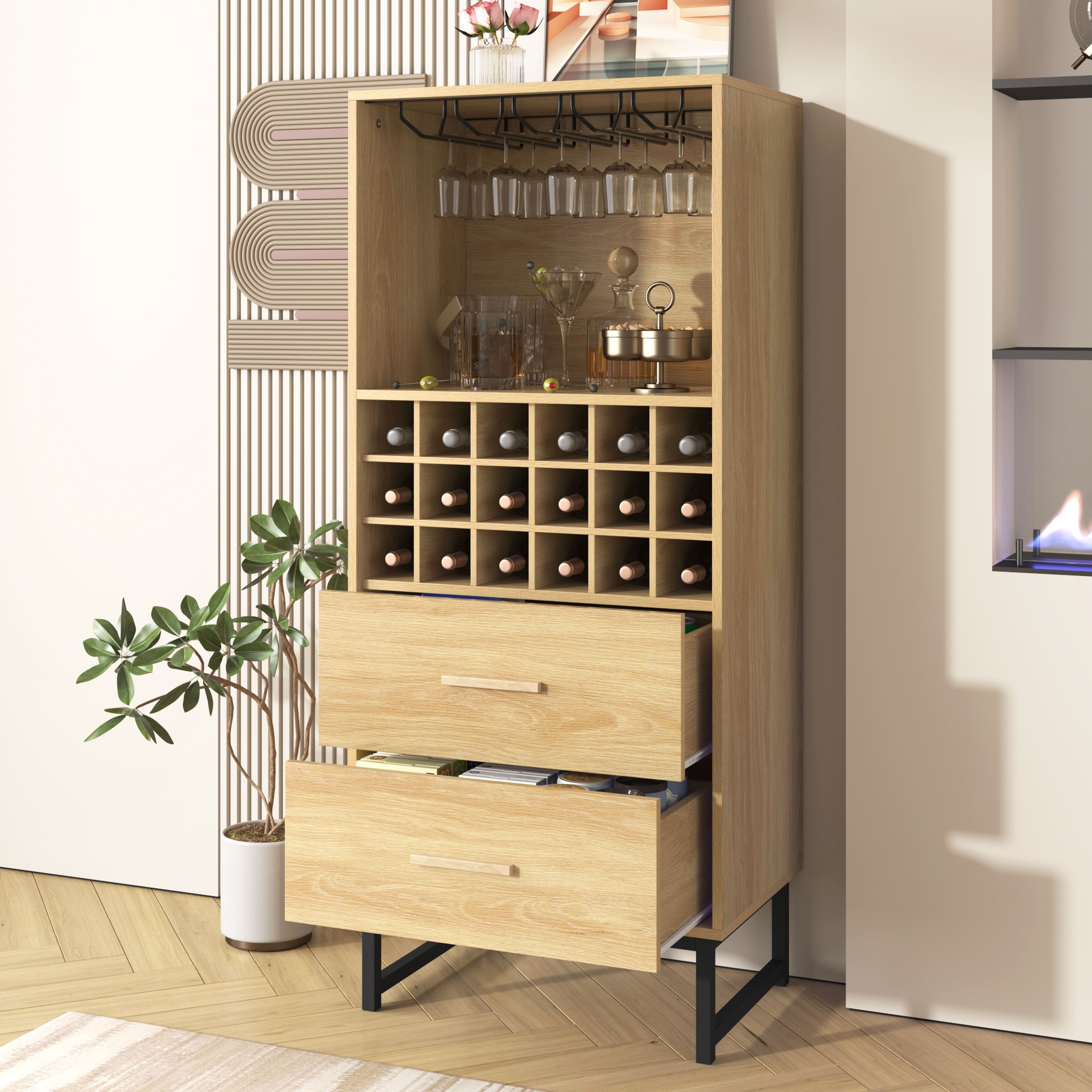 BlingBin Sideboard Stilvoller Weinschrank Kommode, Aufbewahrungsschrank mit 2 Schubladen (Anrichte mit 18 Fächern und Gläserhalterung – Perfekt für Weinliebhaber, 1 St., 60*39.5*141 cm, Produktladung: 50KG), Modernes Möbelstück, Mattschwarze Metallfüße, Holzfarbe