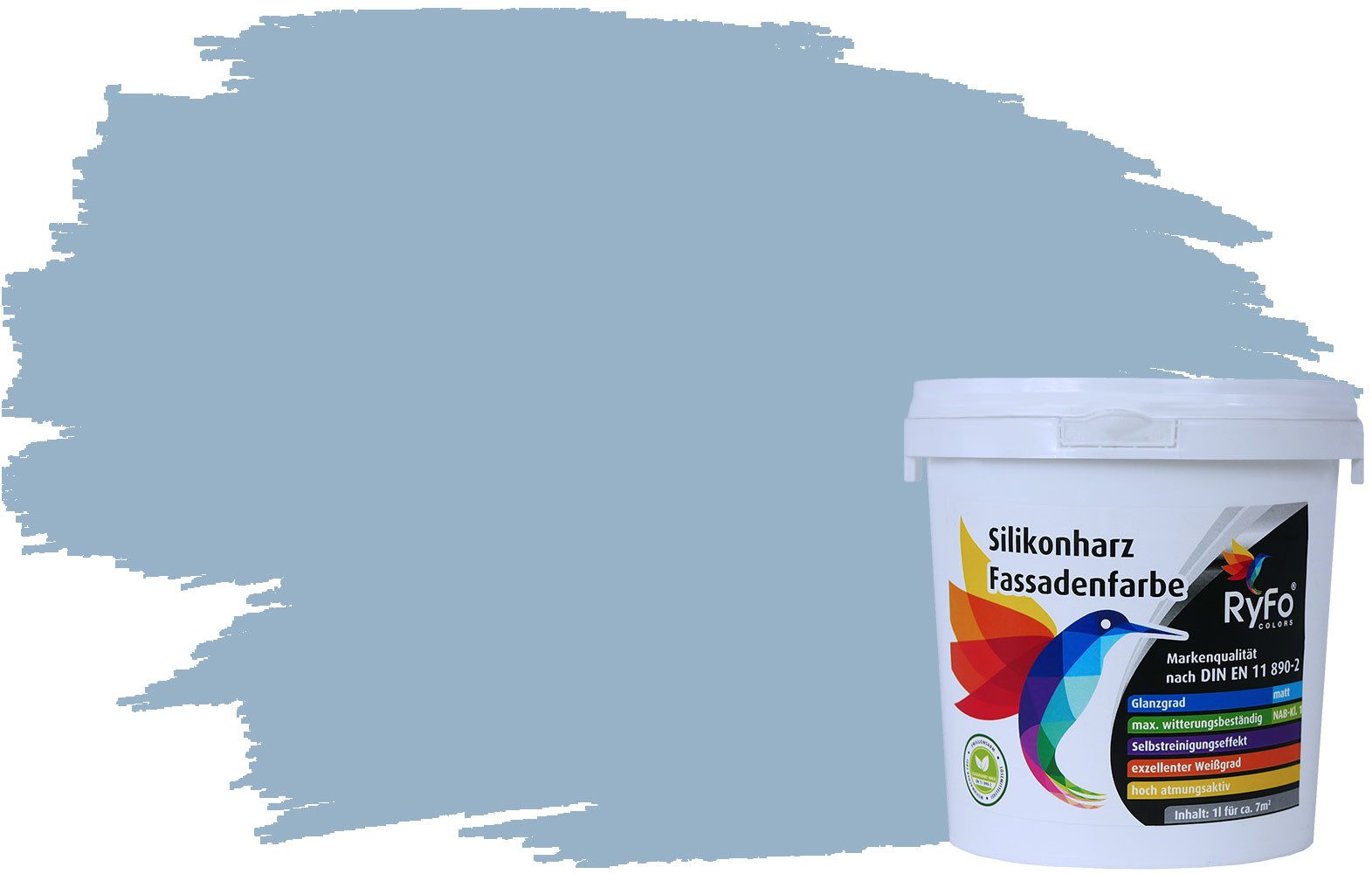 RyFo Colors Fassadenfarbe Silikonharz Fassadenfarbe Taubenblau 1l, 1 L ca. 6 m², Wasserabweisend, diffusionsfähig, schützt vor Schmutz, UV-beständig