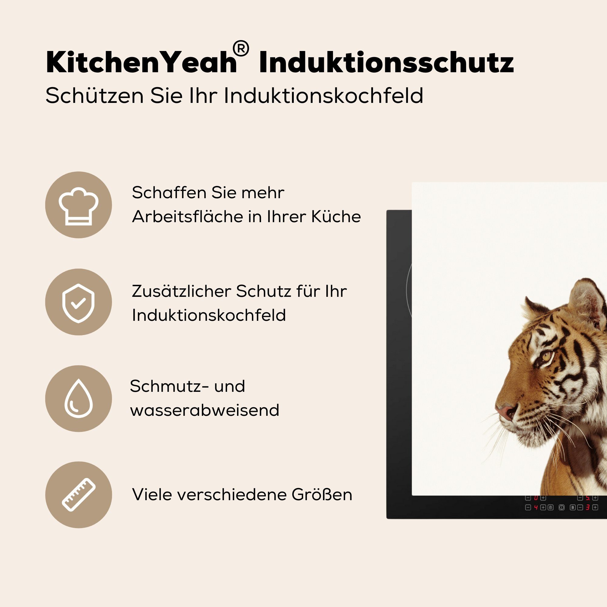 MuchoWow Herdblende-/Abdeckplatte Tiger - küche (1 tlg), Arbeitsplatte 78x78 Porträt, Tier für cm, - Vinyl, Ceranfeldabdeckung