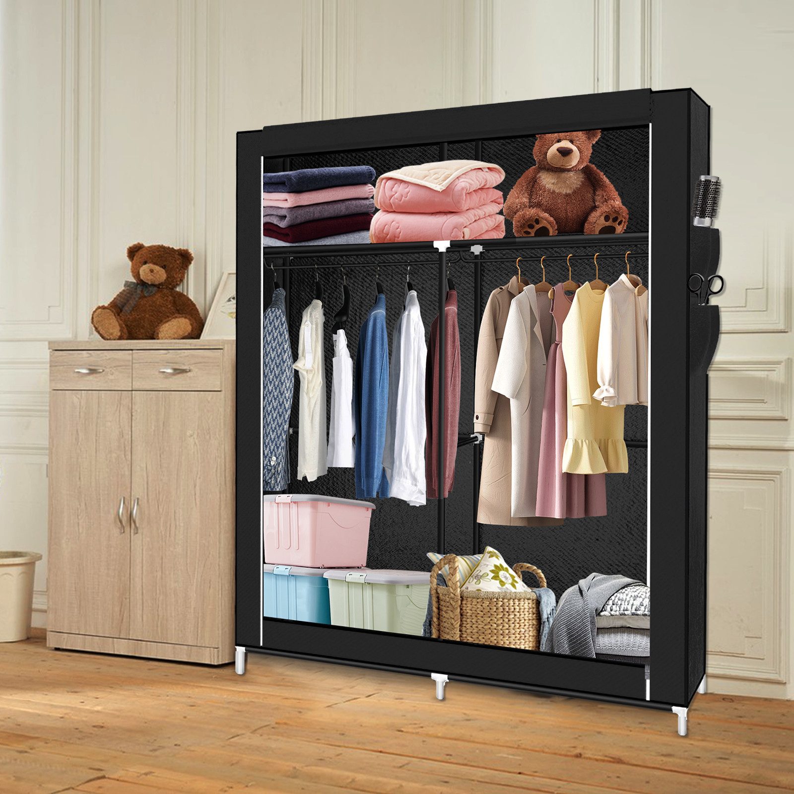 JEOBEST Stoffschrank Kleiderschrank mit Kleiderstange Seitentaschen und Überzug, Kleiderschränke Stabil – Bild 5 von 5