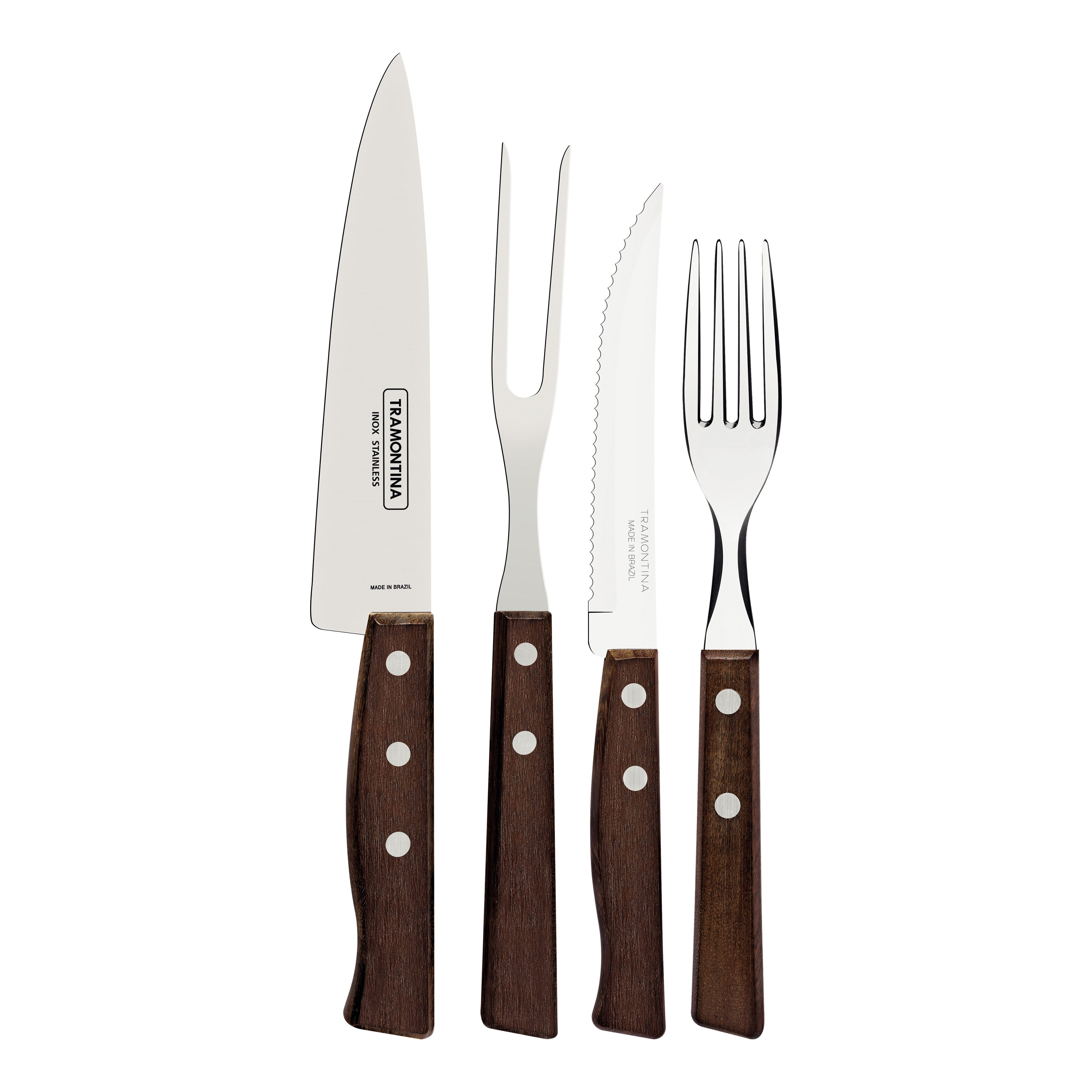 Tramontina Steakbesteck TRADICIONAL Grillbesteck, 6x Steakmesser, 6x Steakgabeln (14-tlg), 6 Personen, Edelstahl, 14-tlg., rostfreier Edelstahl, Holzgriff, inkl. Tranchierbesteck
