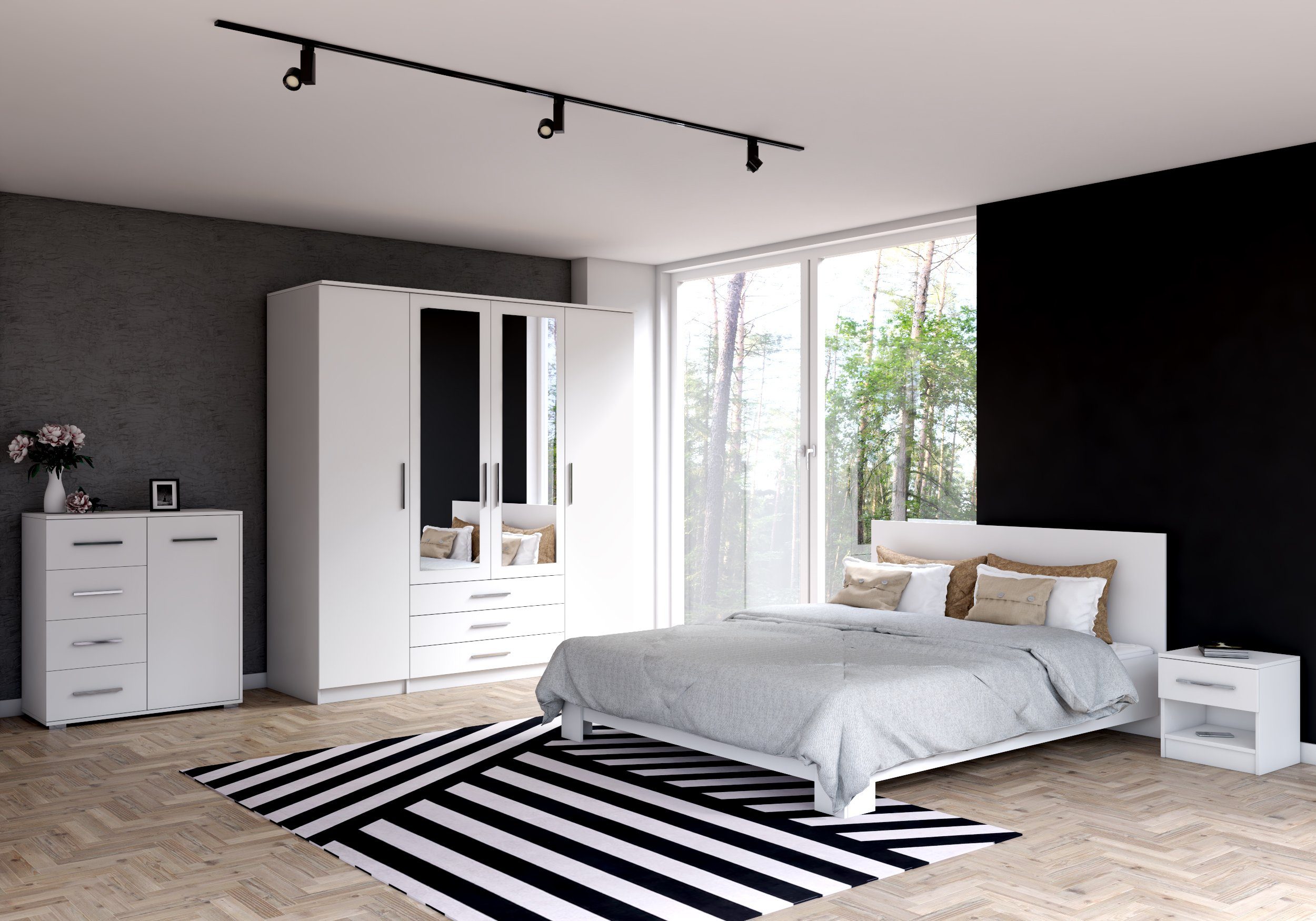 Polini Home Komplettschlafzimmer Schlafzimmer-Set in Weiß 5-teilig von  Polini Home, mit Bettgestell, Kleiderschrank, Kommode und 2 Nachttischen